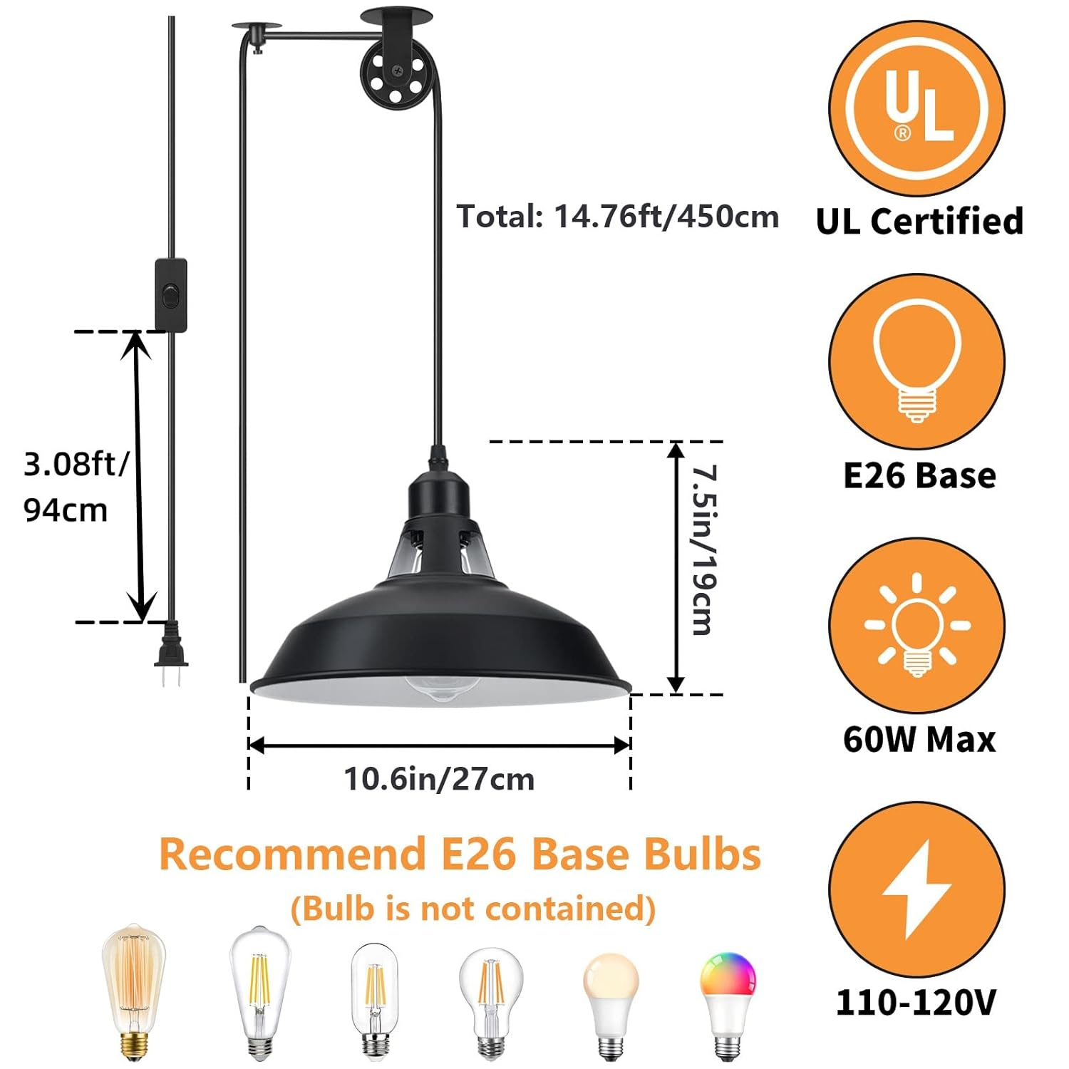 Plug in Pendant Light, Hanging Lamp with Black Barn Pendant Lighting with 14.76ft Cord On/Off Switch, Adjustable Pulley Hanging Pendant Lighting for Kitchen Bedroom Restaurant 2 Pack