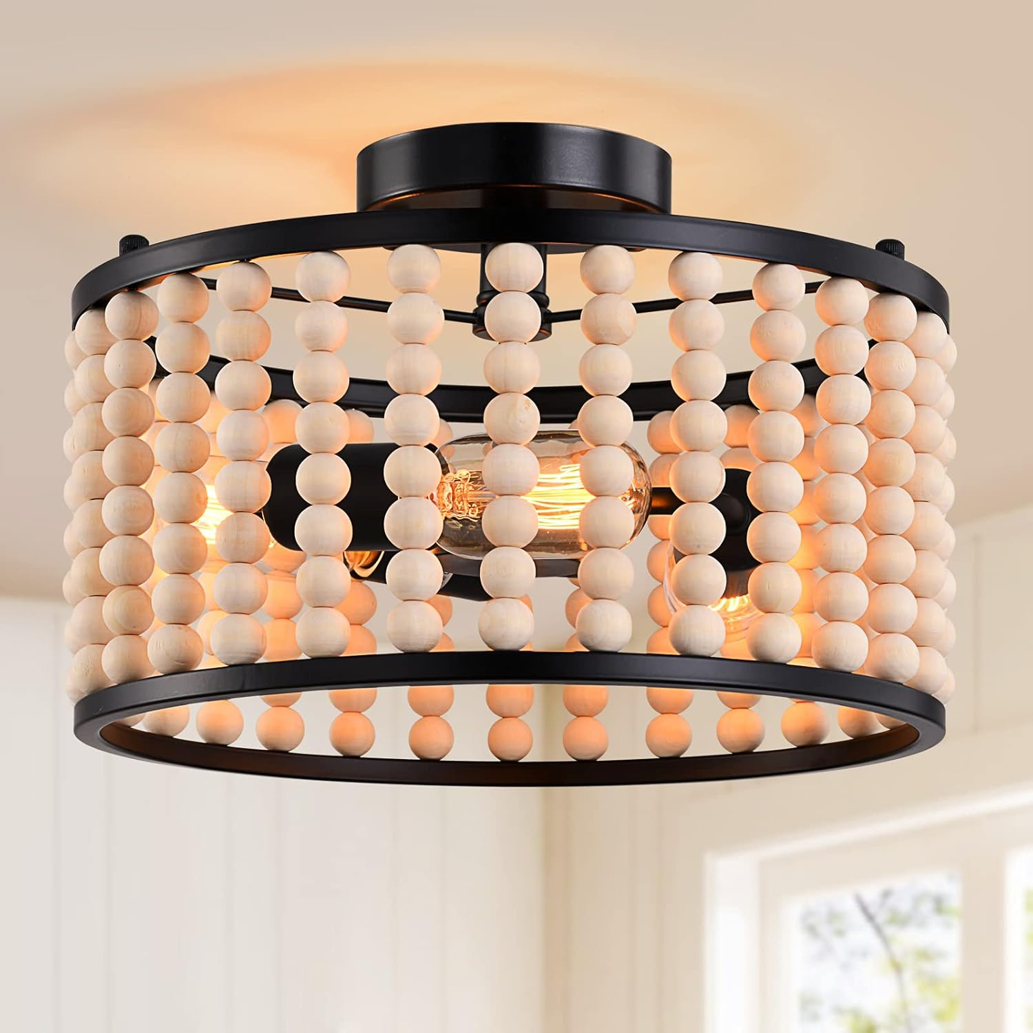Farmhouse Boho Light Fixture, 3-Light Wood Beaded Chandelier, Black Semi Flush Mount Ceiling Light for Dining Room, Kitchen, Hallway, Bedroom, Living Room