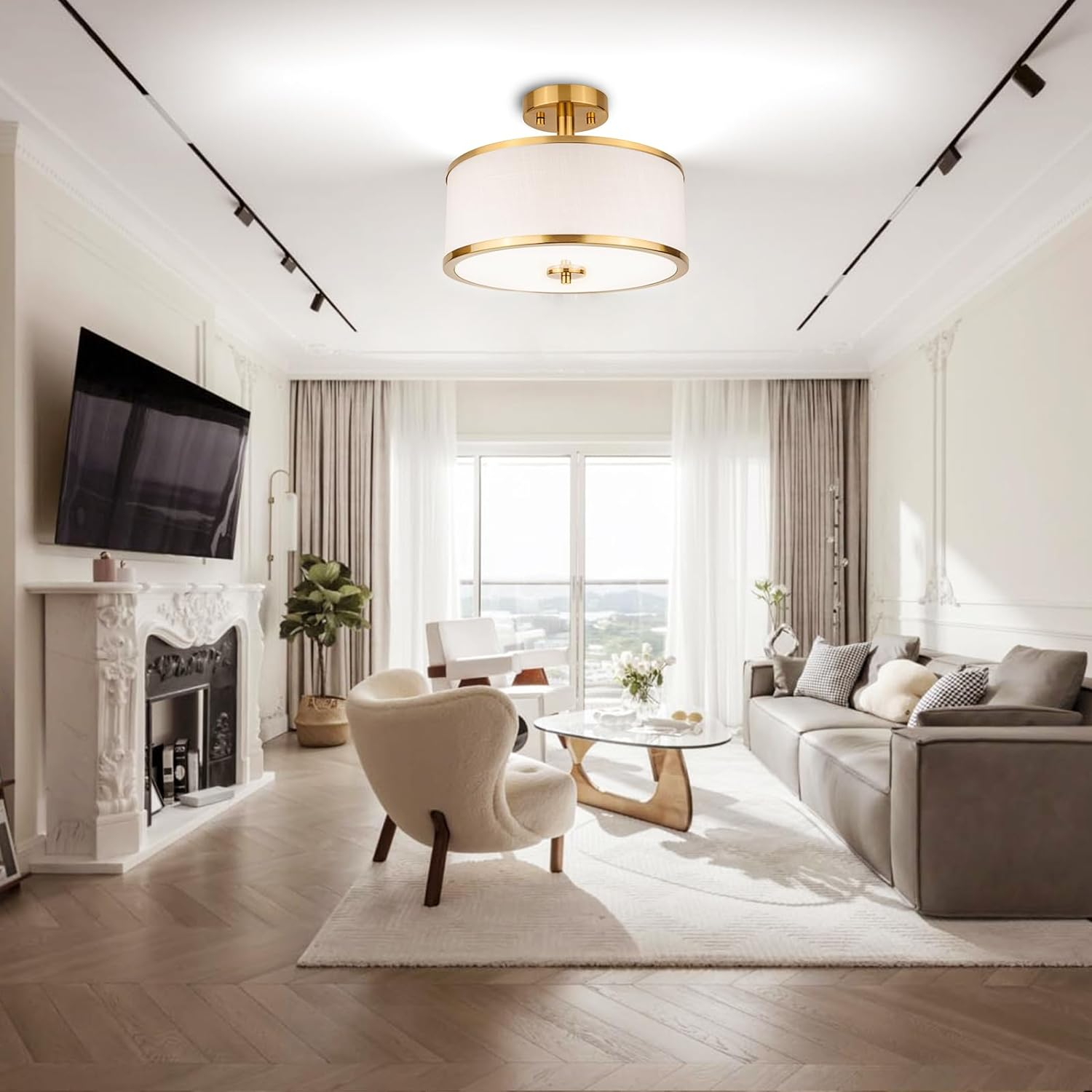 3-Light Semi Flush Mount Ceiling Light Fixture, 12.6" Gold Drum Light with White Fabric Shade, Modern Close to Ceiling Light for Living Room Bedroom Dining Room Kitchen Hallway Entry Foyer