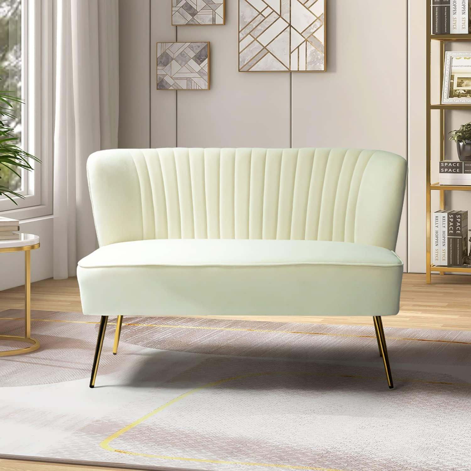 Velvet Sofa 2 Seater Upholstered Loveseat Living Room Chair White Tufted Back Home Bedroom Ivory