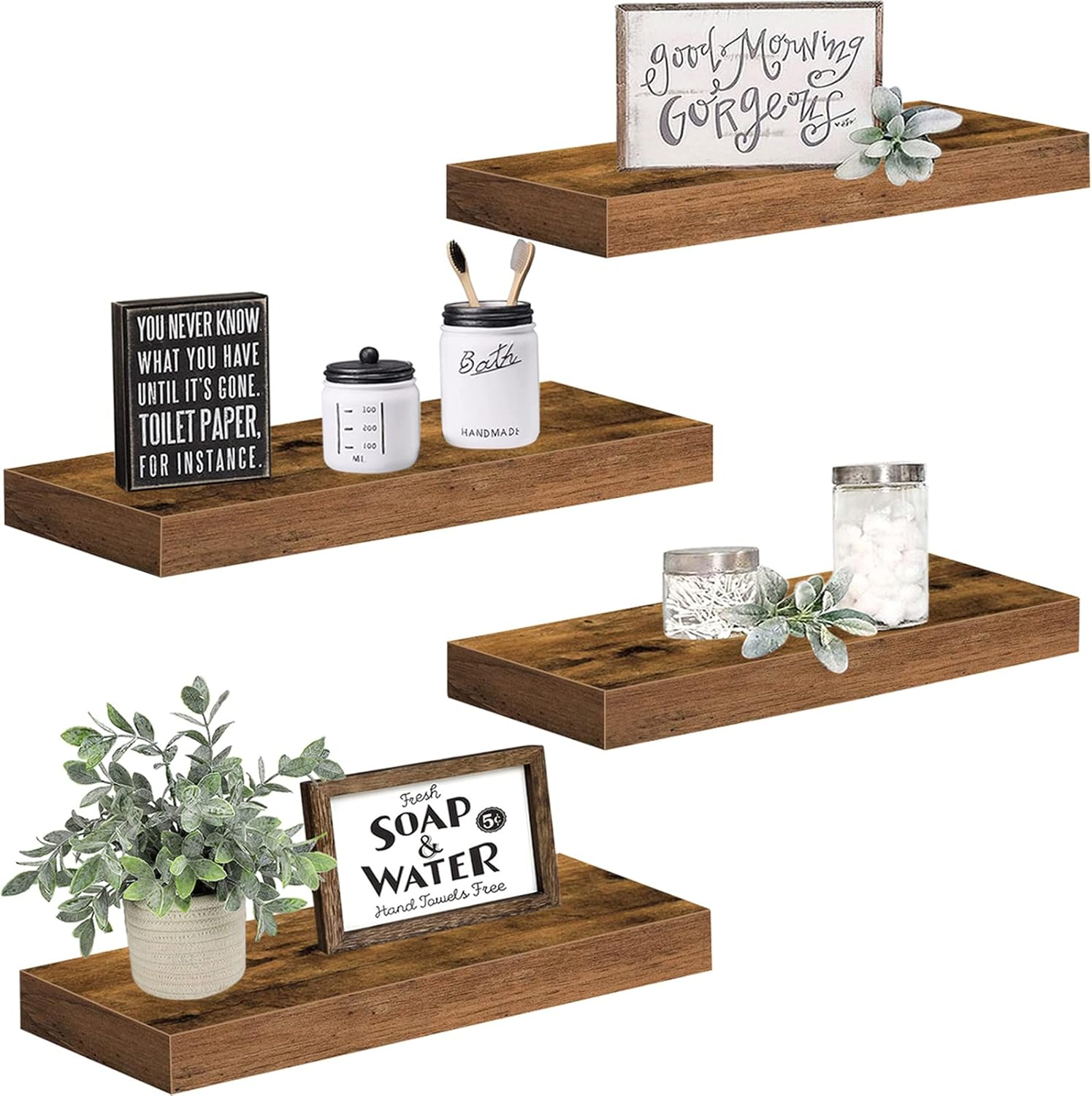 Floating Shelves Bathroom Shelf Bedroom Kitchen Farmhouse Small Book Shelf for Wall 16 inch Set of 4, Rustic Brown (015-BN4)