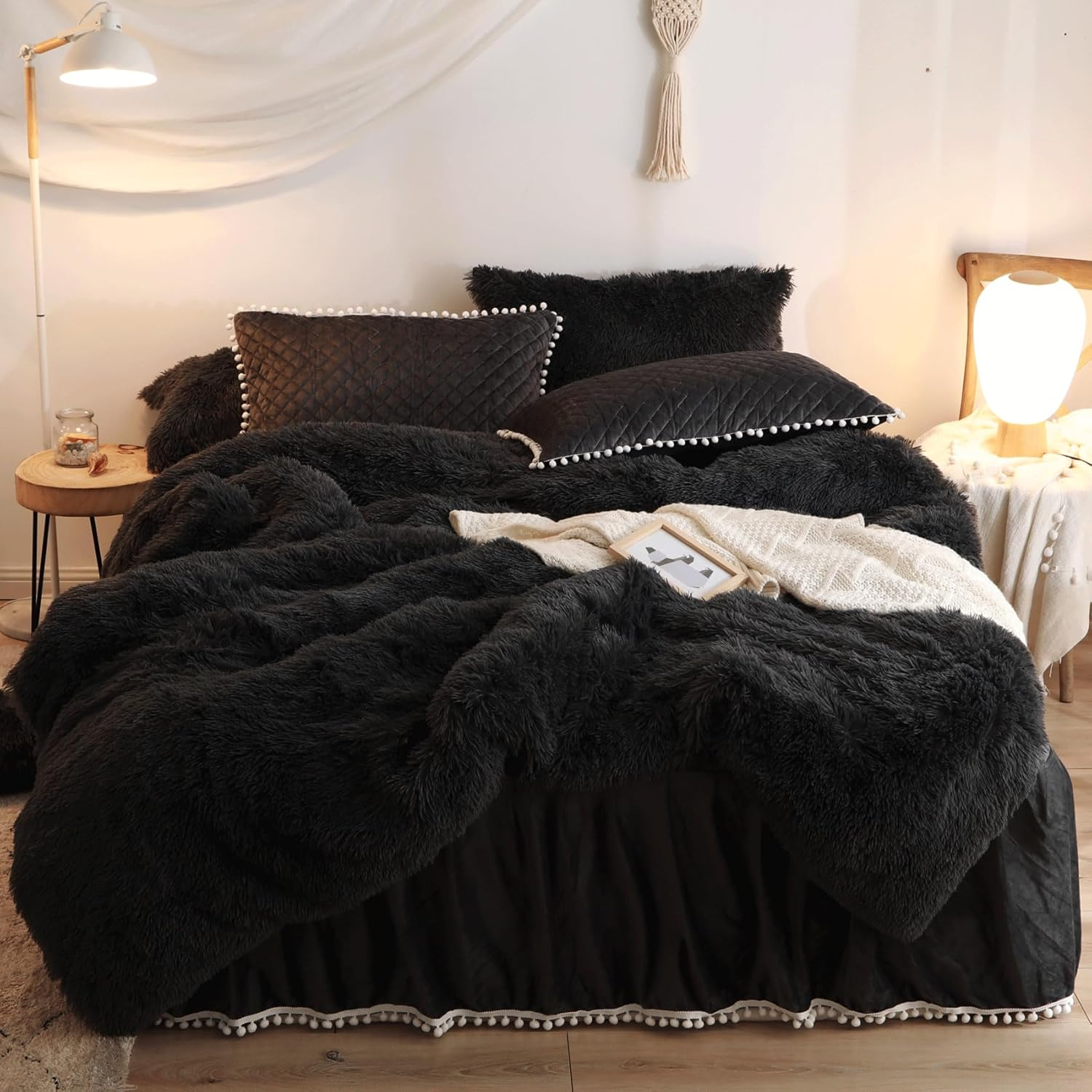 Plush Black Comforter Cover Queen Set, Soft Faux Fur Fluffy Black Bedding Queen Set 3 Pieces (1 Fuzzy Duvet Cover + 2 Furry Pillow Cases) Shaggy Bed Set, Zipper Closure