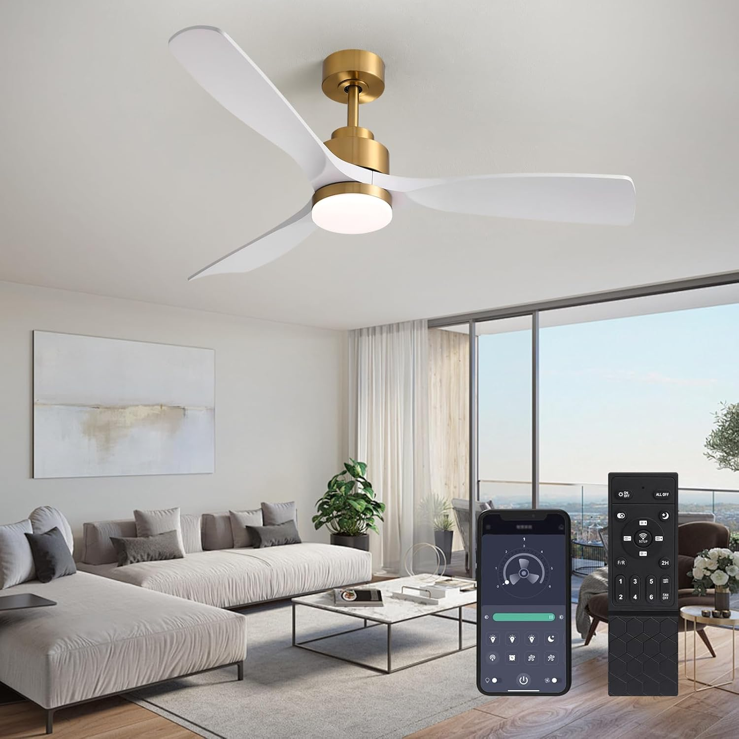 52 Inch Gold White Smart Ceiling Fans with Lights and Remote,Quiet DC Motor,for Modern Bedroom Living Room Patio