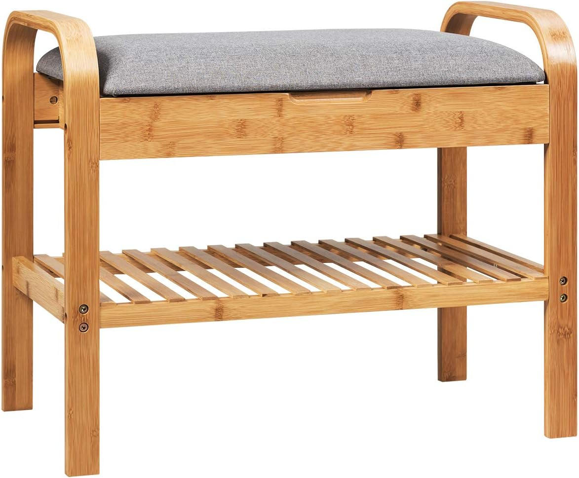 Giantex Small Entryway Bench with Storage, 2-Tier Bamboo Shoe Rack Bench with Flip Top Storage Space and Padded Cushion, Shoe Organizer for Entryway, Living Room, Hallway, Bedroom,Natural