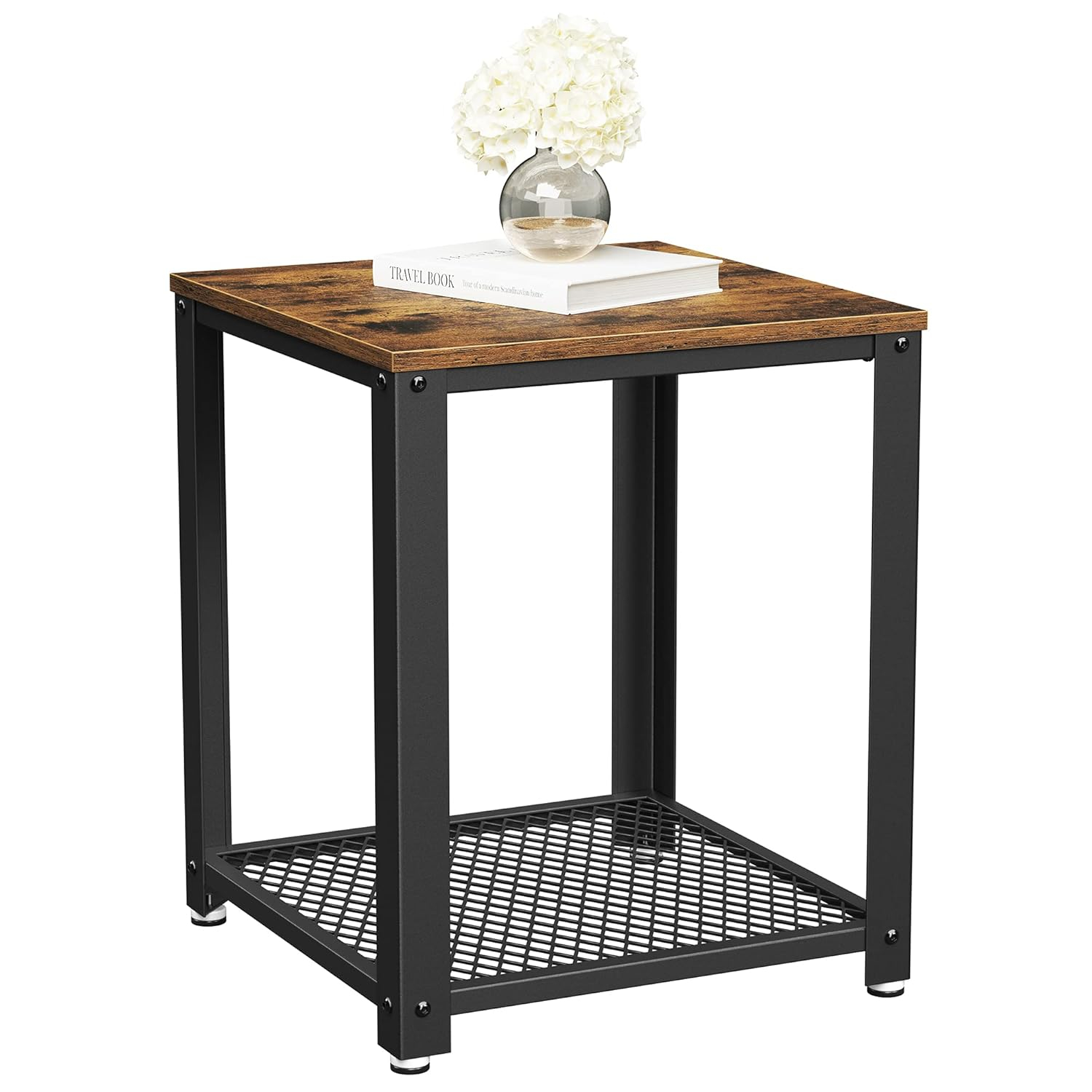 Industrial Side Table 2-Tier Nightstand with Mesh Shelf End Wood Look Accent Furniture with Metal Frame Black Brown Rectangular Finish
