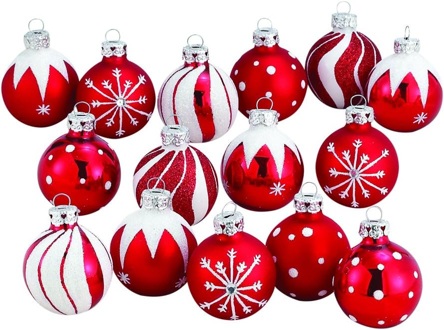 Kurt Adler Red and White Decorated Glass Ball Christmas Ornaments 15 Pieces