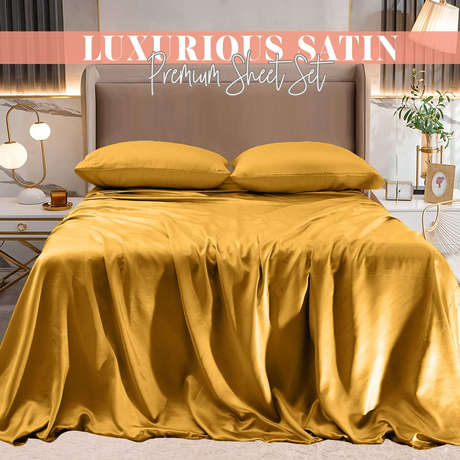 Elegant Comfort Luxurious 4-Piece Silky Satin Sheet Set Cooling Soft Satin Sheet Set, King, Gold