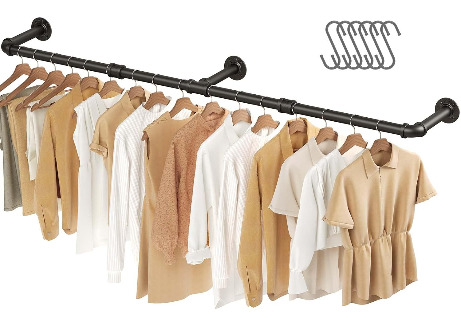 GREENSTELL Wall Mounted Clothes Rack, 69.5in Industrial Pipe Clothing Rack for Hanging Clothes, Space-Saving Closet Rod, Multi-Purpose Hanging Rod for Bedroom, Laundry Room, 3 Base (1 Pack)