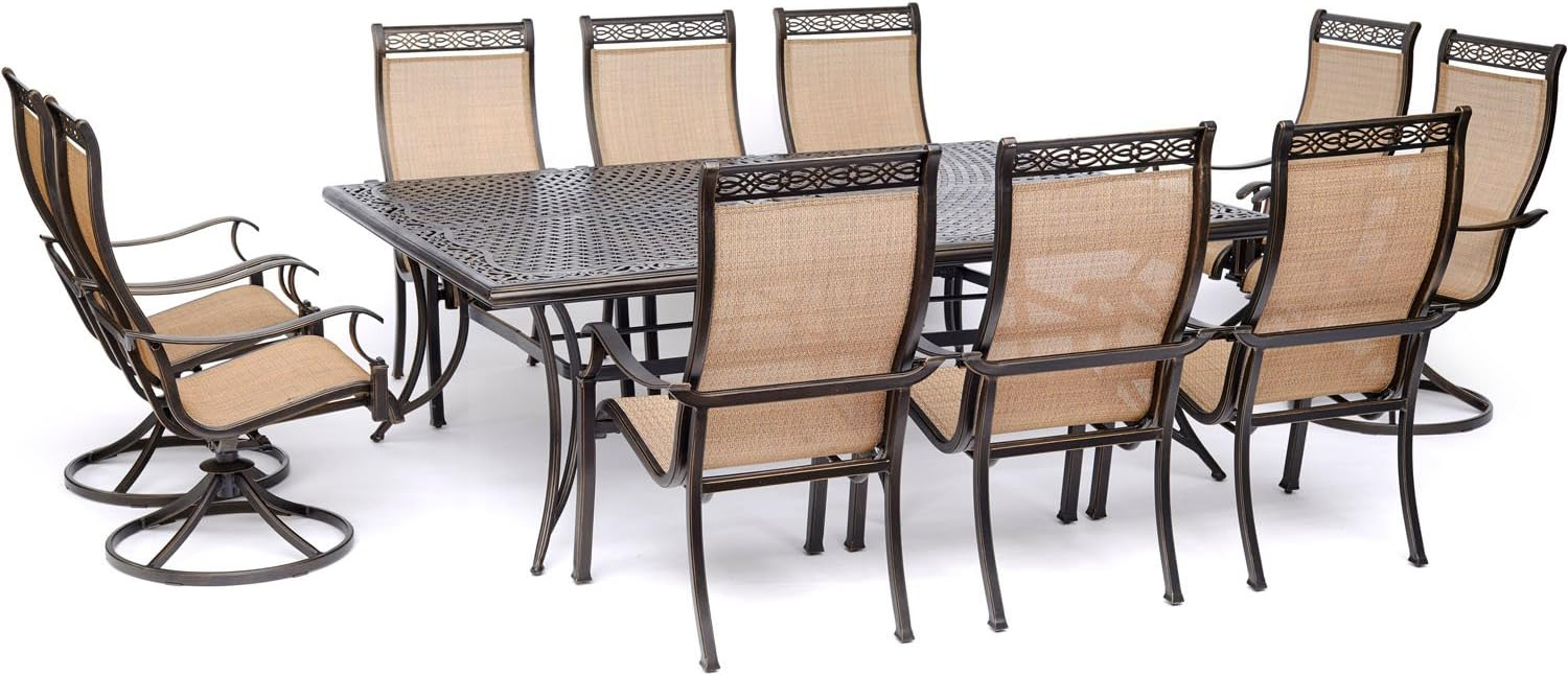 Hanover Manor 11-Piece Outdoor Dining Set in Cedar with 4 Contoured Swivel Rockers, 6 Contoured Chairs, and 60" x 84" Cast-Top Table