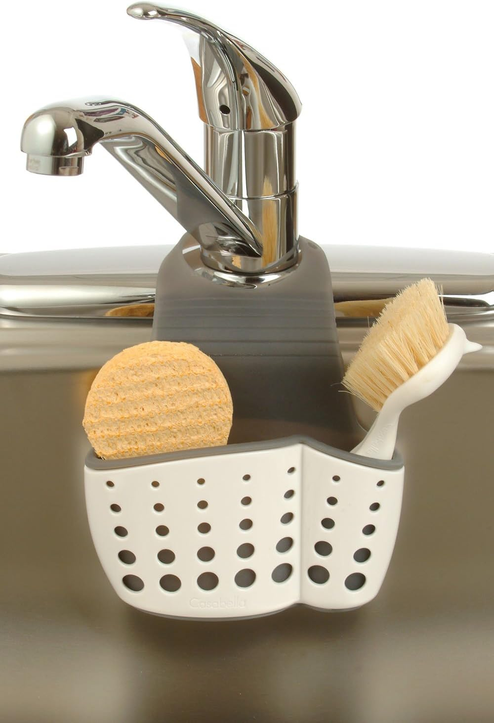 Casabella Sink Sider? Faucet Sponge Holder, Versatile Tool, Storage Capabilities, Use in Kitchen or Bathroom, White/Grey