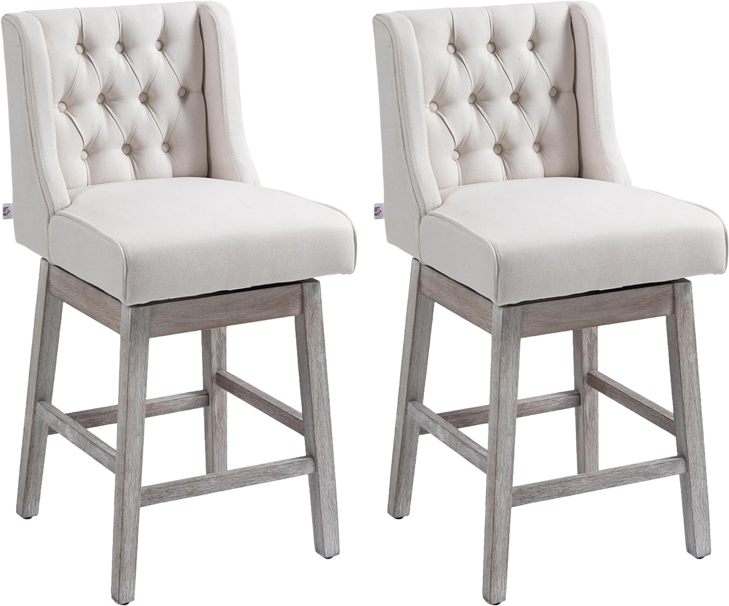 HOMCOM Counter Height Bar Stools Set of 2, 180 Degree Swivel Barstools, 27" Seat Height Bar Chairs with Solid Wood Footrests and Button Tufted Design, Beige