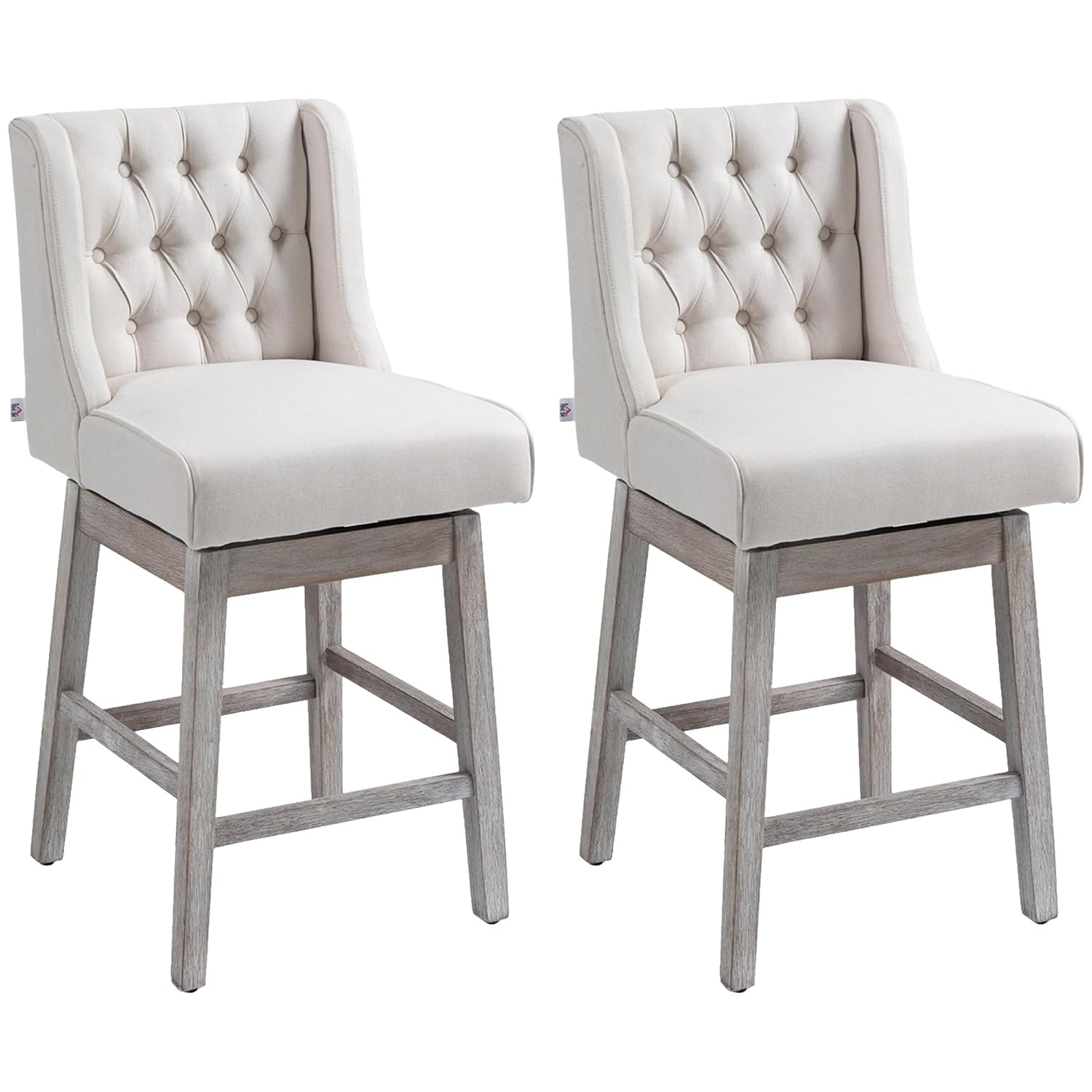 HOMCOM Counter Height Bar Stools Set of 2, 180 Degree Swivel Barstools, 27" Seat Height Bar Chairs with Solid Wood Footrests and Button Tufted Design, Beige