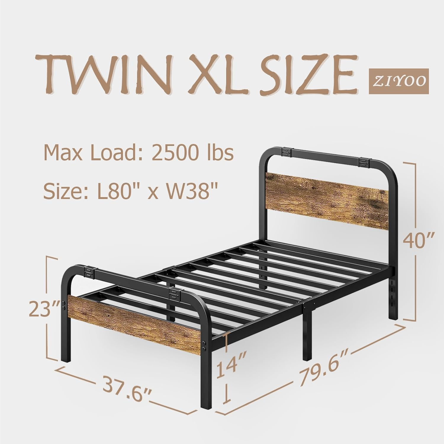 ZIYOO Industrial Style Metal Twin XL Bed Frame with Rustic Wood Headboard and Footboard, 14 Inch High Heay Duty Steel Slats Support No Box Spring Needed，Easy Assembly Structure