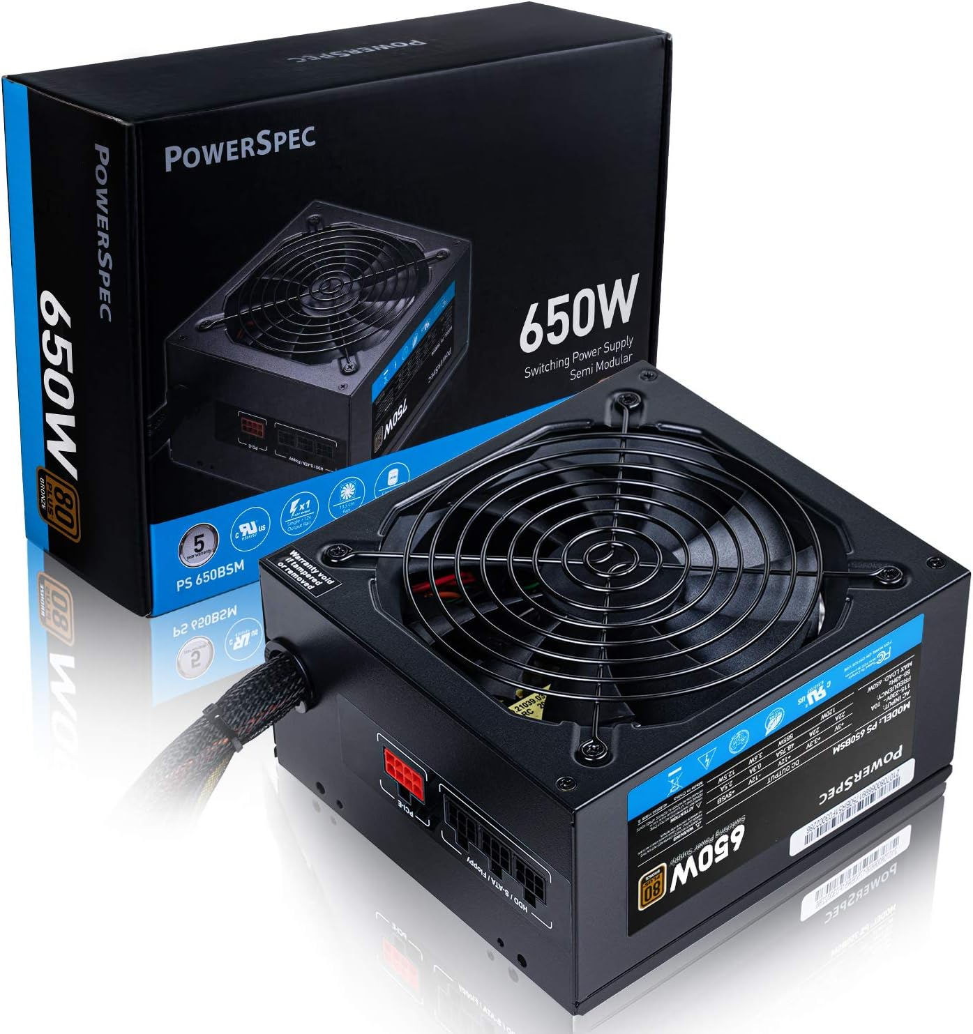PowerSpec 650W Power Supply Semi Modular 80 Plus Bronze Certified ATX PSU Active PFC SLI Crossfire Ready Gaming PC Computer Power Supplies, PS 650BSM(White Edition)