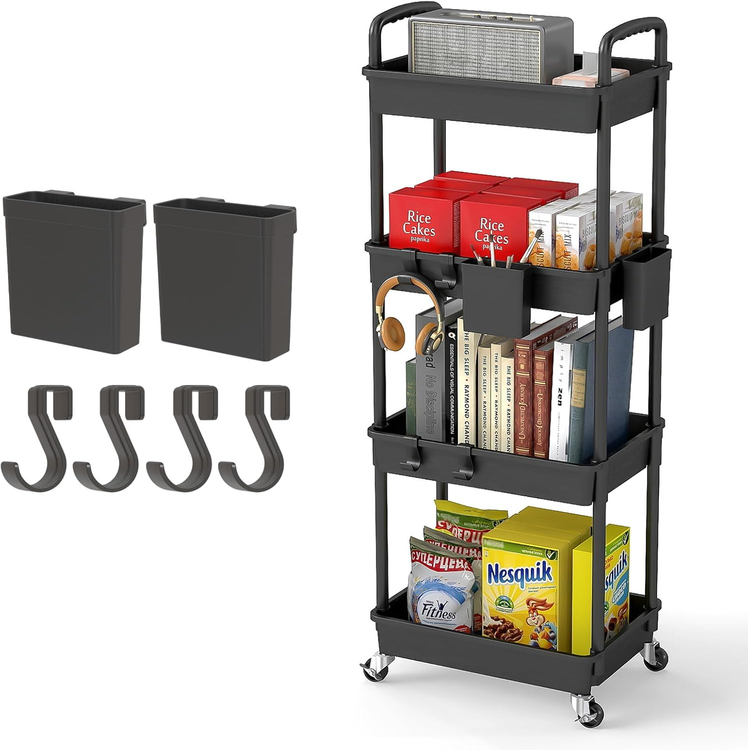 4 Tier Rolling Utility Cart with Handle,REBECAT Utility Cart Made of Multifunctional Storage Organizer Tool for Kitchen,Bathroom,Living Room,Office(Black)