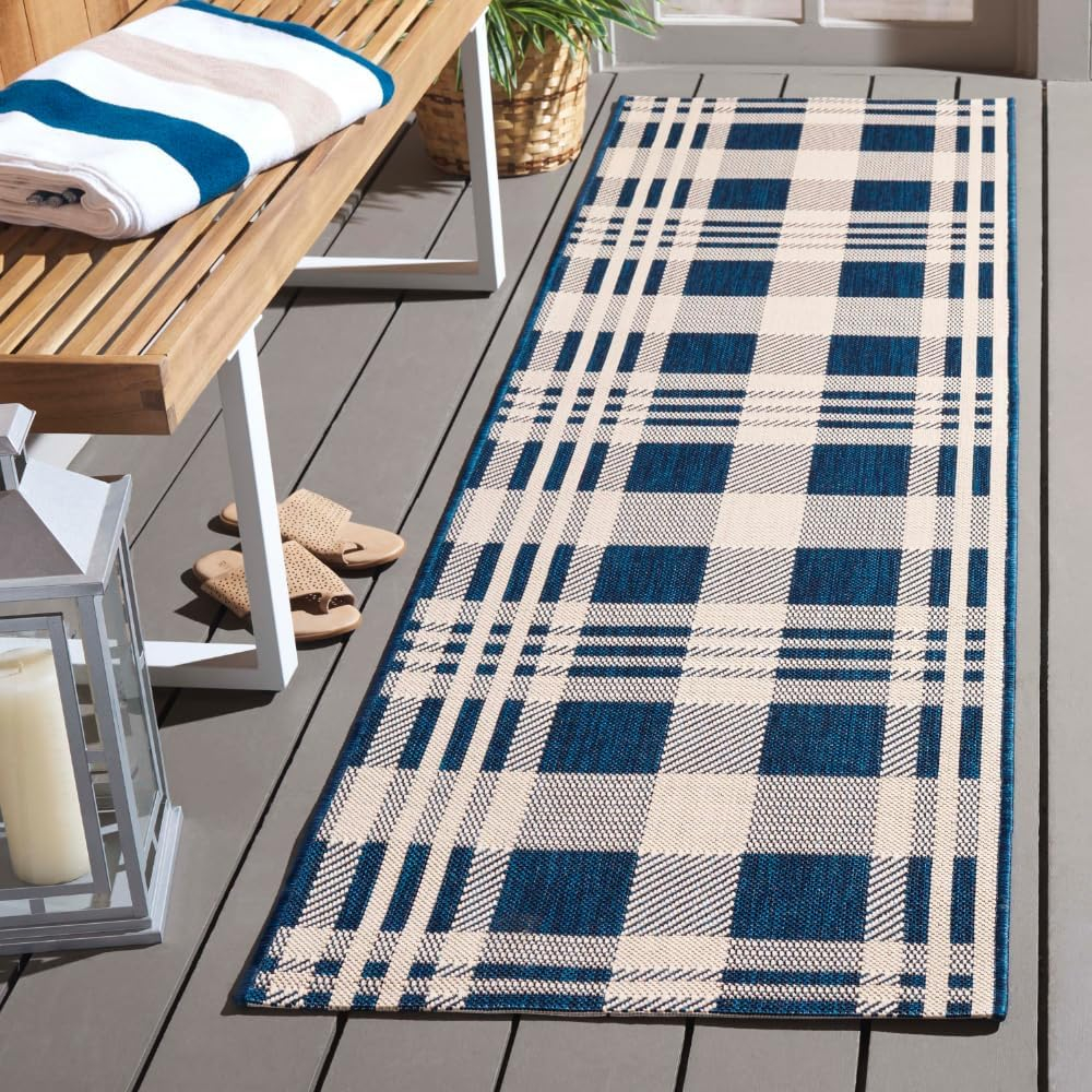 SAFAVIEH Courtyard Benjamin Plaid Indoor/Outdoor Runner Rug, Navy/Beige, 2'3" x 6'7"