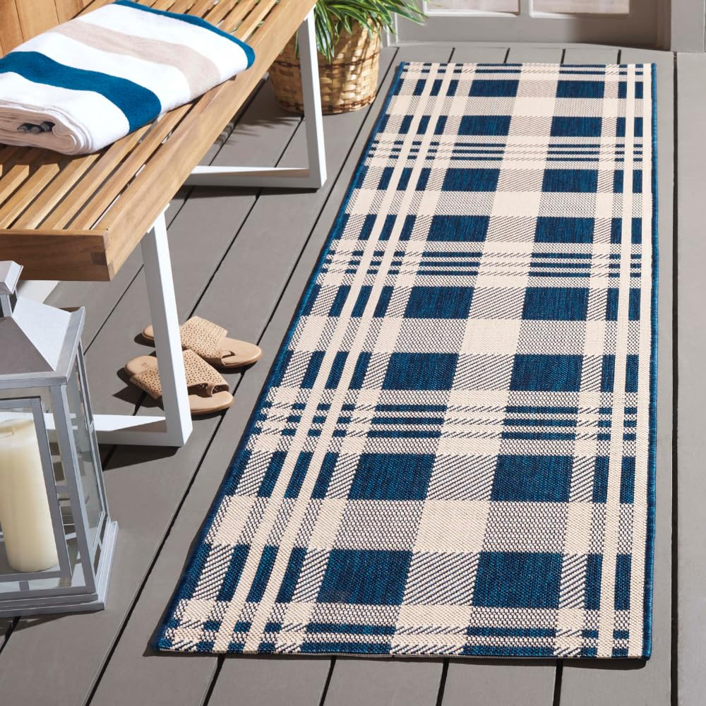 SAFAVIEH Courtyard Benjamin Plaid Indoor/Outdoor Runner Rug, Navy/Beige, 2'3" x 6'7"