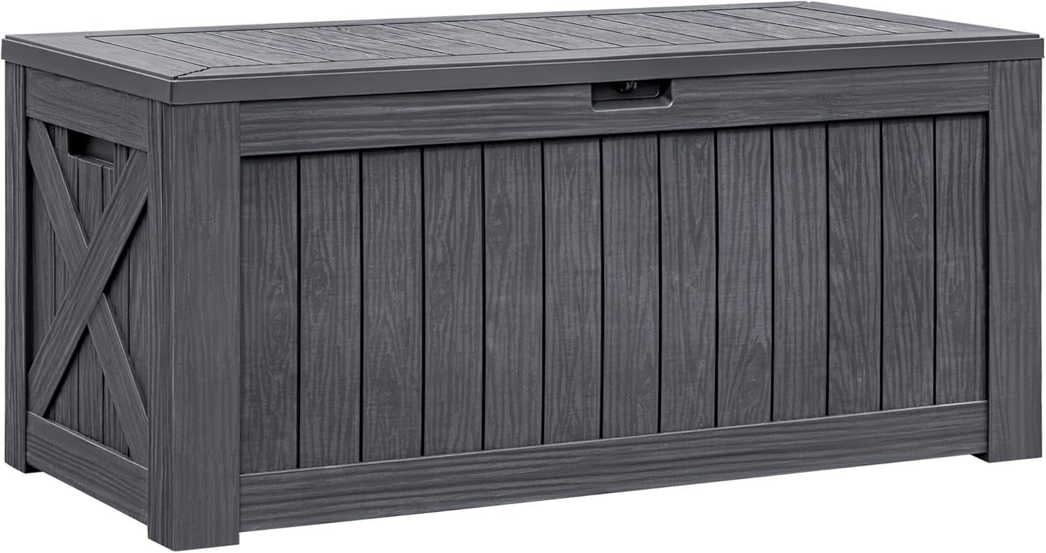 Flamaker Deck Box with Cushion 100 Gallon Waterproof Resin Storage Box with Air Rod Indoor Outdoor Lockable Storage Bench for Patio Furniture, Tools, Pool Accessories (Black)