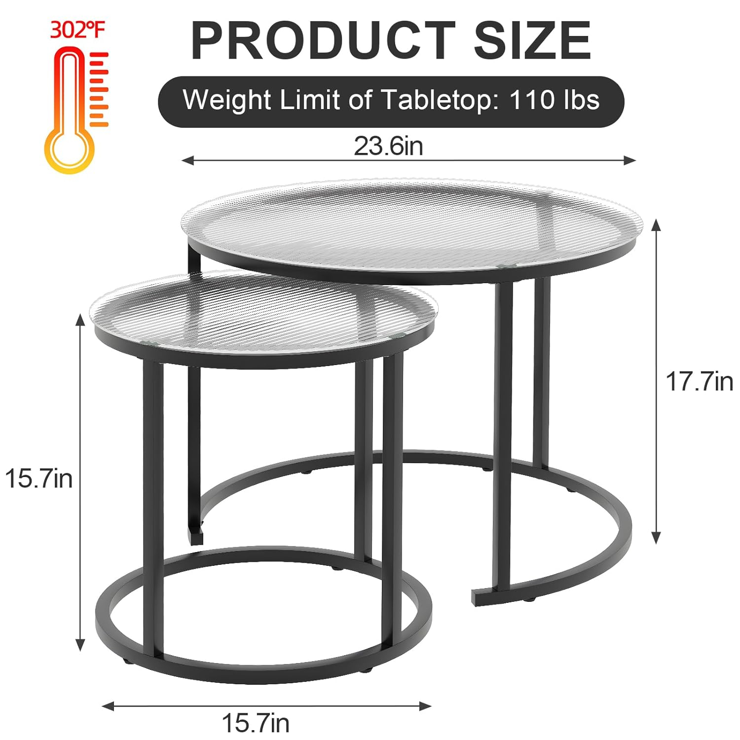 aboxoo Gold Nesting Coffee Table Set of 2, Small Glass Round Nesting Tables for Living Room Bedroom, Accent Tea Table with Black Metal Frame Modern Industrial Simple