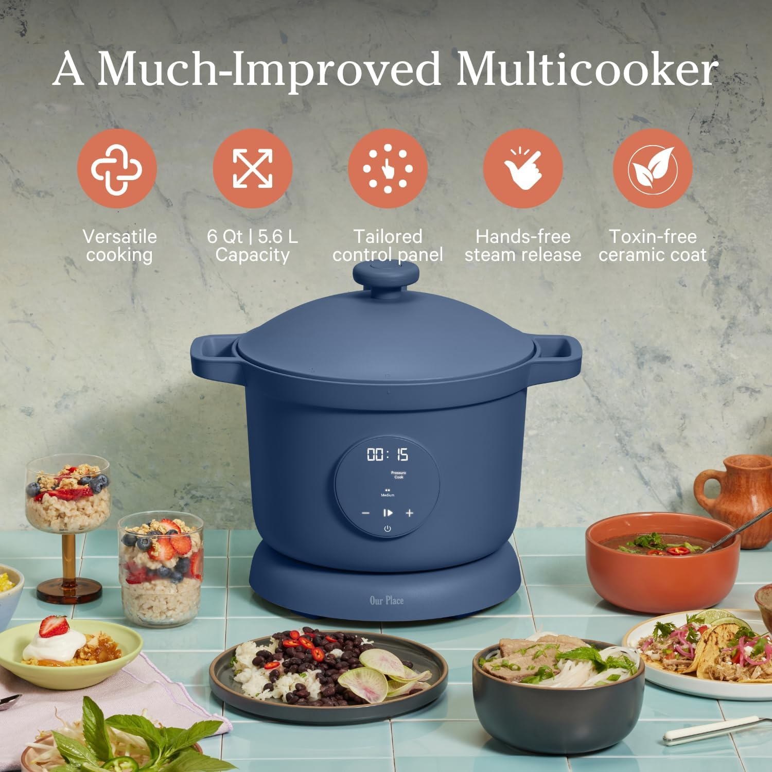Blue Salt Non-Stick 6-Quart Multicooker with Timer