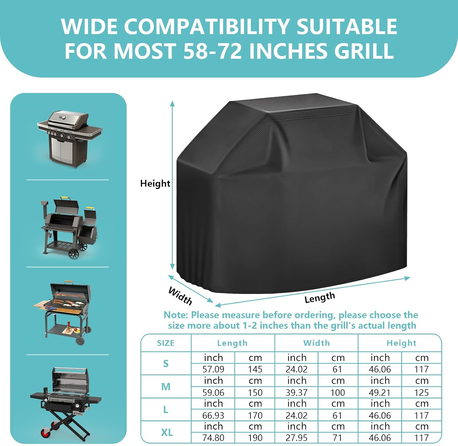 Outdoor Waterproof Grill Cover with Adjustable Hem Drawstring, 58 Inches Heavy Duty Barbecue Gas Grill Cover, Uv & Fade Resistant BBQ Cover for Char-Broil Nexgrill and More (58inch S Black)
