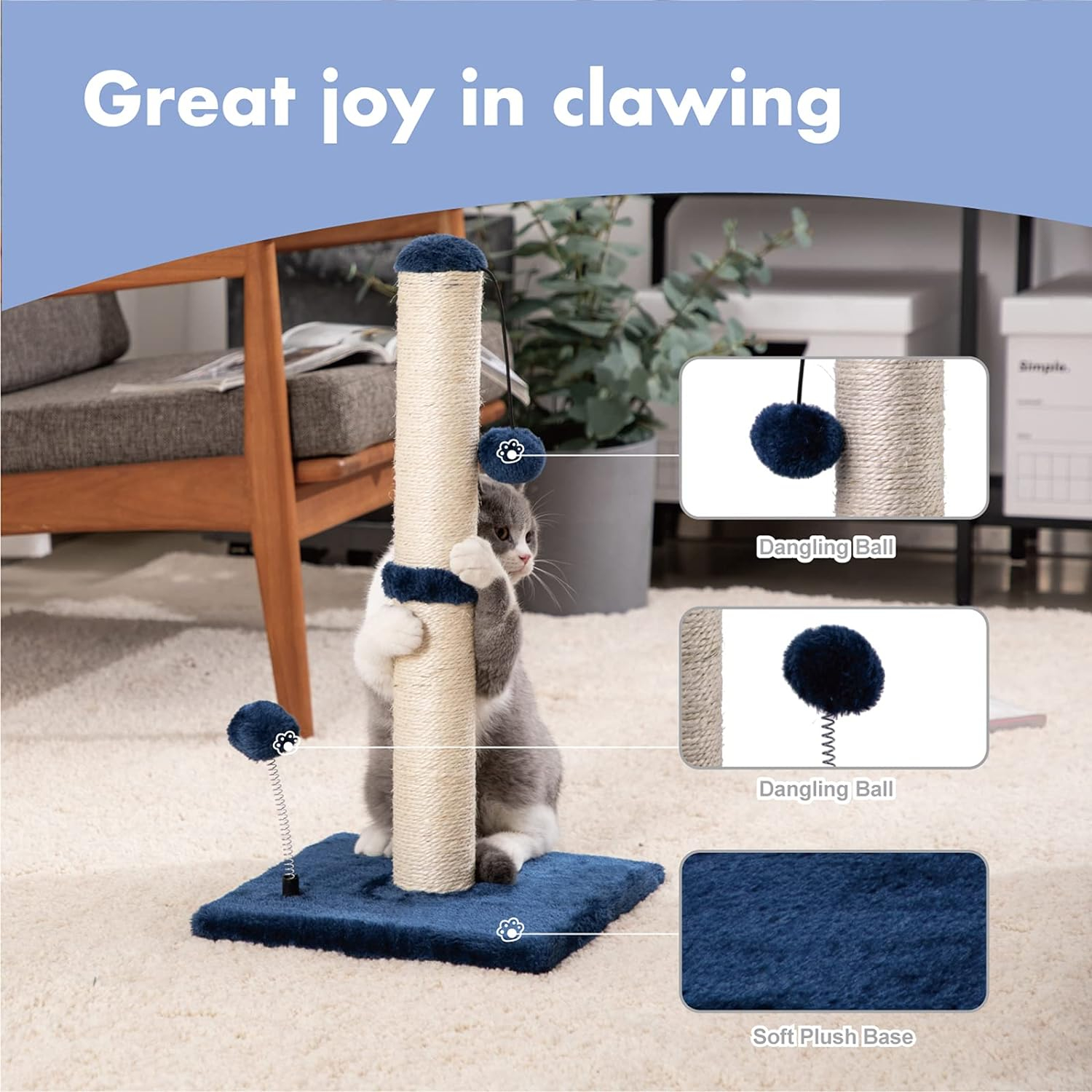 Sisal Scratch Posts with Hanging Ball 22in for Kittens Navy