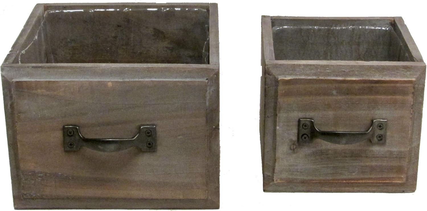 Set of 2 Stained wood medium and small drawer style pots w/ hard liner
