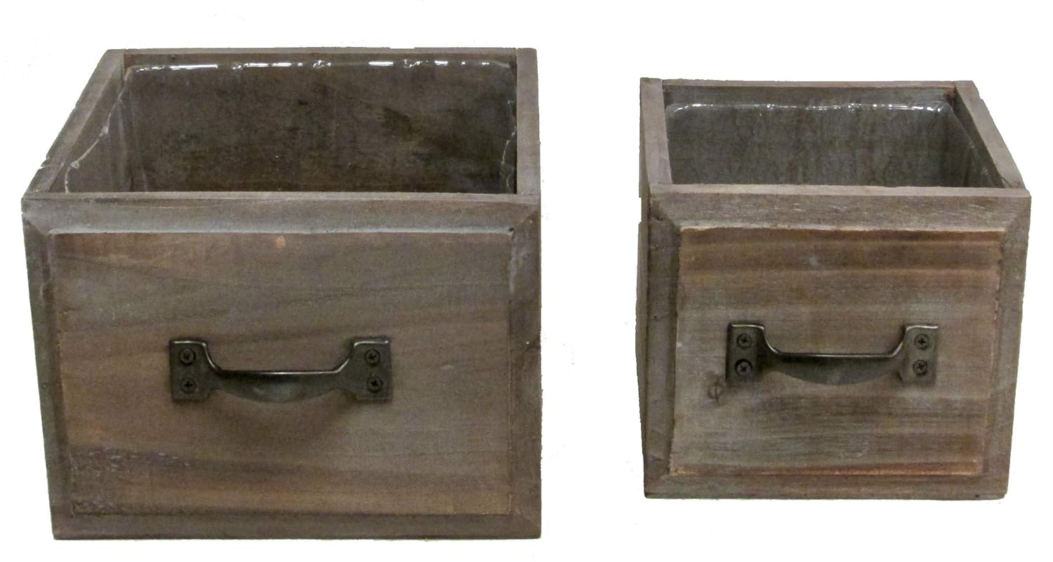 Set of 2 Stained wood medium and small drawer style pots w/ hard liner