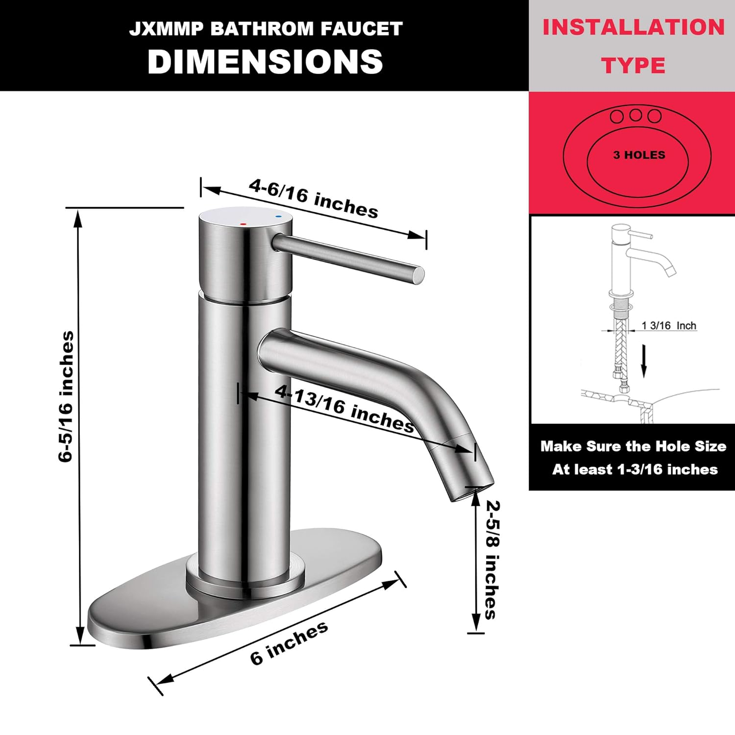 Brushed Nickel Single Hole Bathroom Faucets Single Handle, JXMMP Brushed Bathroom Vanity Sink Faucet with Pop Up Drain Assembly and 6 inch Deck Plate