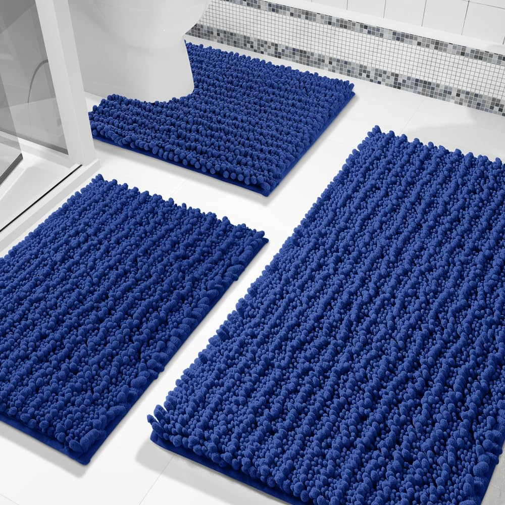 Yimobra Bathroom Rug Set 3 Piece - Super Absorbent Quick Dry Chenille Bath Mats & Toilet Rug, Non Slip Machine Washable, Extra Thick Shaggy Floor Mat for Shower Tub Sink, Navy Blue