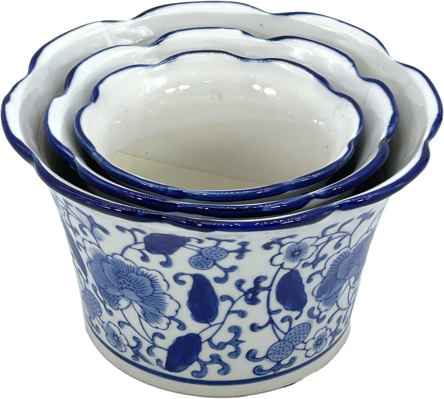 Set of 3 Blue & White Floral Ceramic Pots Ruffled Lip