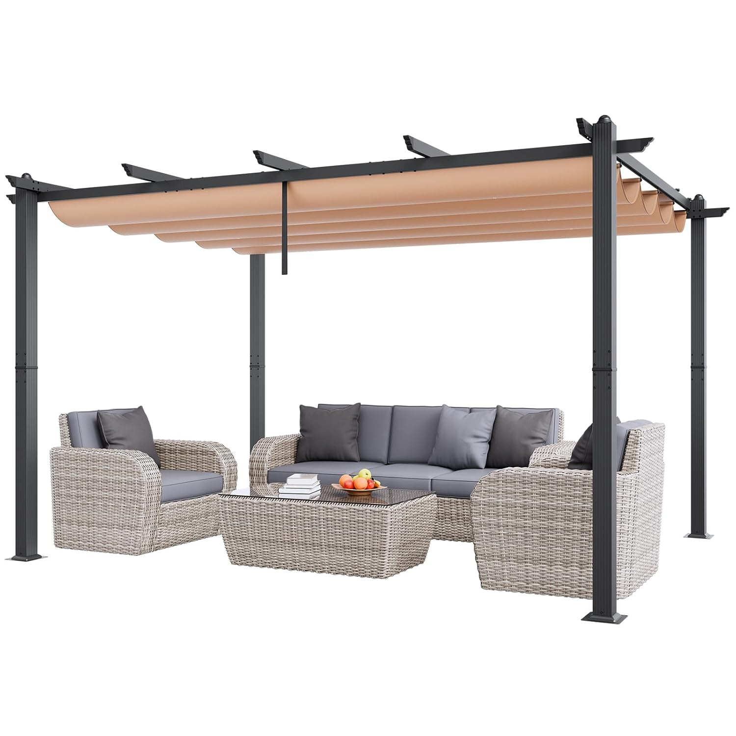 VEVOR 10'x13' Outdoor Retractable Pergola with Canopy, Aluminum Pergola with Retractable Canopy, Modern Style,Sun Shadefor Patios, Gardens, Decks, Backyards (Beige)