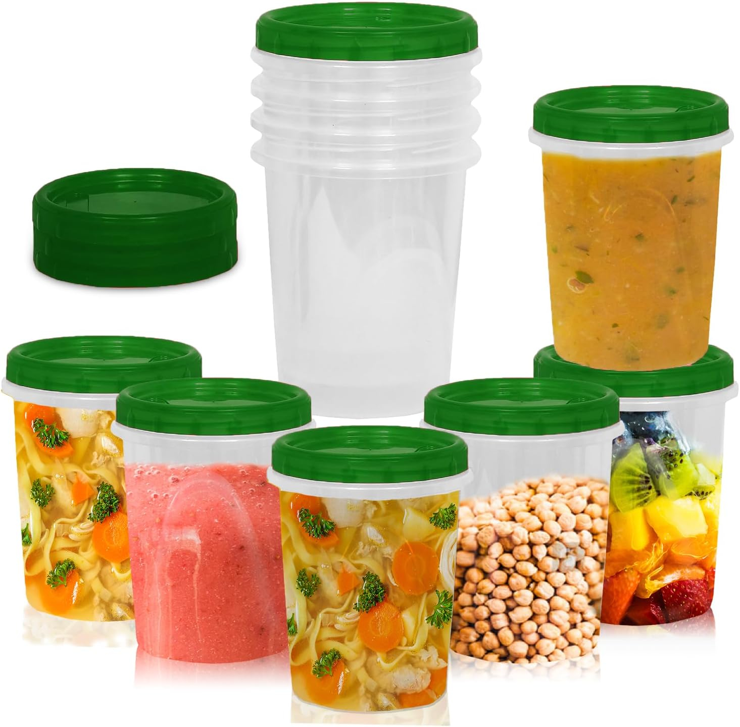 [Green - 12 Pk] Airtight Deli Containers with Lids Twist Lock Top Clear Food Storage for Meal Prep Snacks and Leftovers Freezer and Microwave Safe Stackable Leak-Resistant and 12 Pc. Set (32 Ounce)