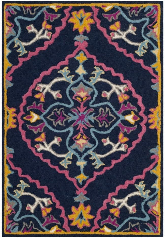 Navy Blue and Multicolor Wool Silk 8' x 10' Handmade Area Rug