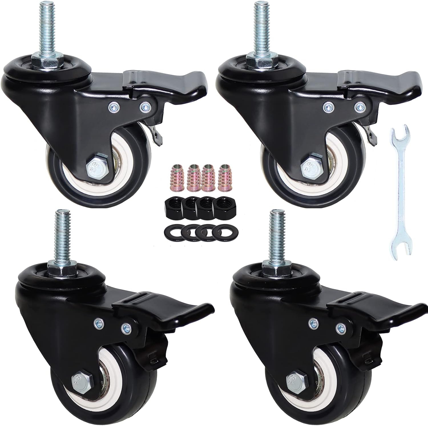 2'' Caster Wheels, Swivel Stem Casters 5/16'' - 18x1'' (Screw Diameter 5/16'', Screw Height 1'') 330Lbs Heavy Duty Threaded Casters No Noise PU Dual Locking Castors with Brake