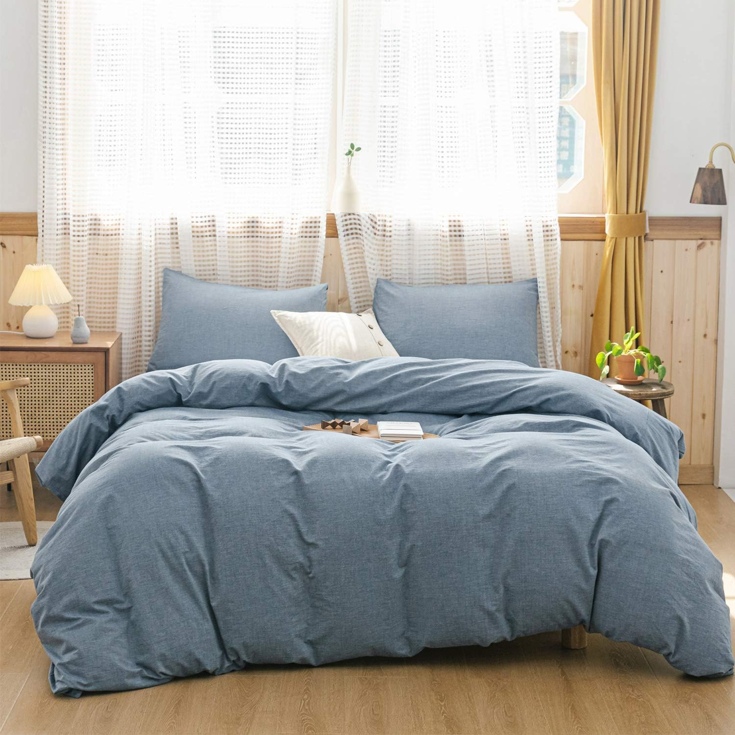 ECOCOTT Denim Blue Duvet Cover King Size, 100% Washed Cotton 1 Duvet Cover with Zipper and 2 Pillowcases, Ultra Soft and Easy Care Breathable Cozy Bedding Set (Denim Blue, King)