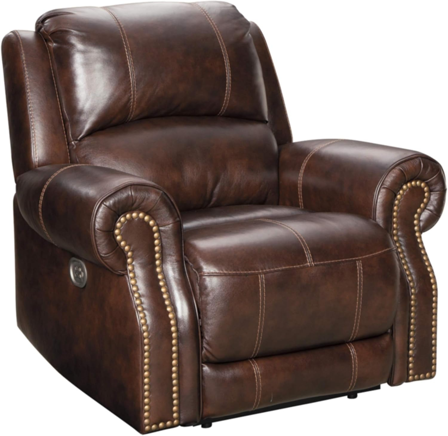 Traditional Brown Leather Power Recliner with Nailhead Trim