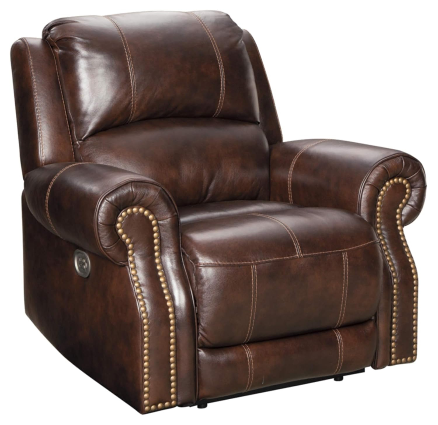 Traditional Brown Leather Power Recliner with Nailhead Trim