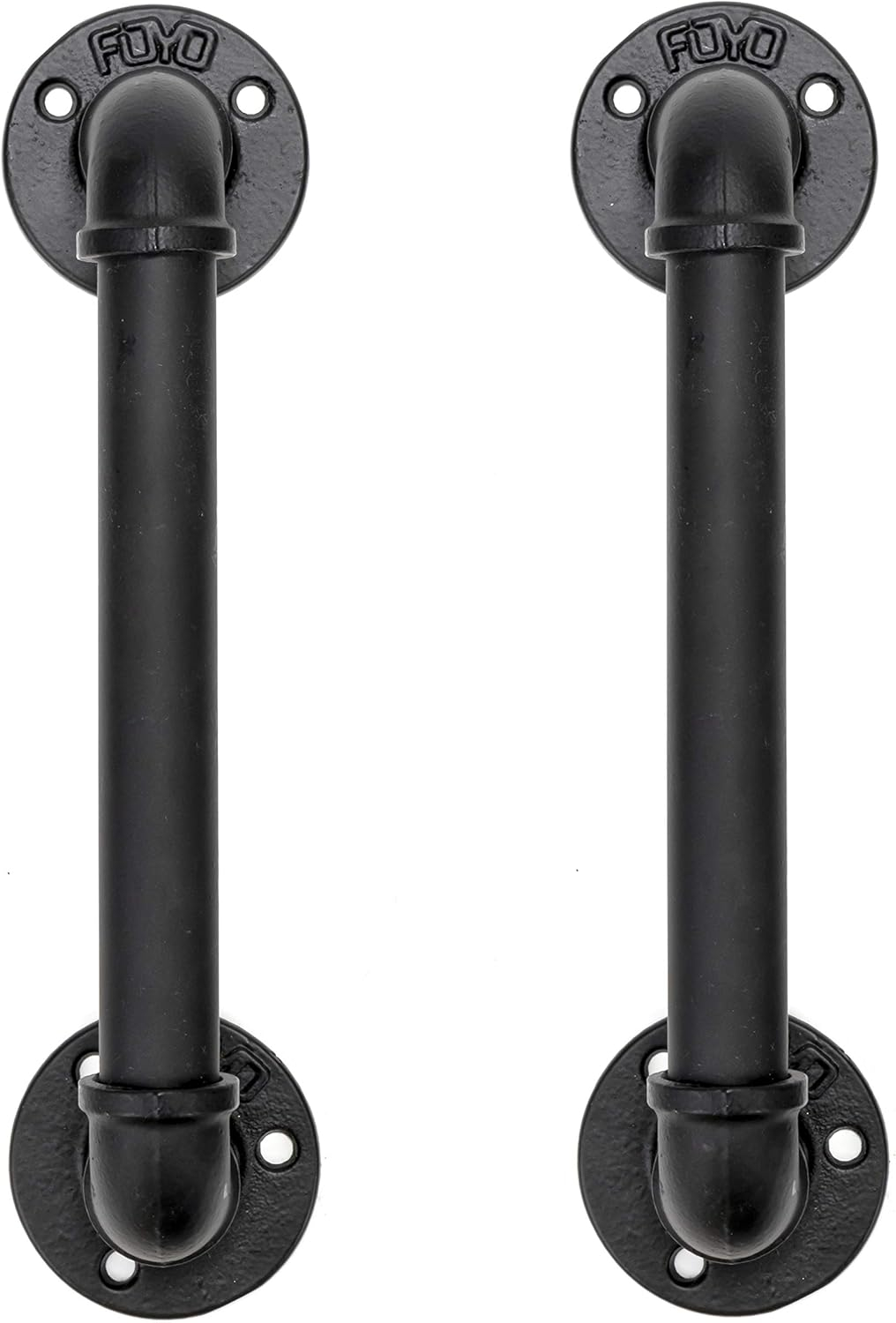 FOYO Set of 2 Industrial Pipe Door Pull Handle, Grab Bar, Towel Bar, Antique Rustic Cast Iron Handrail - Matte Black, 12 Inch