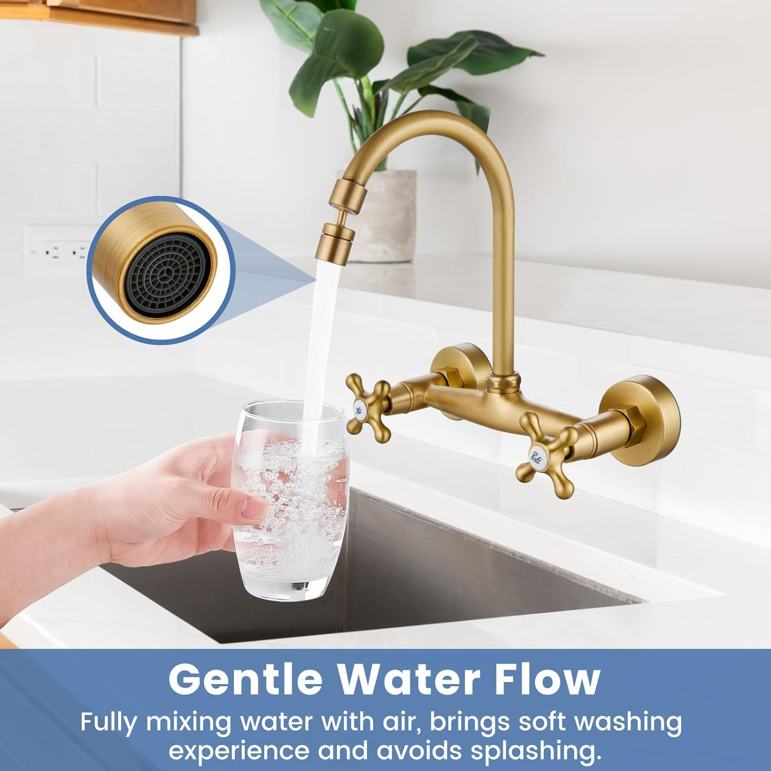 Airuida Wall Mount Kitchen Faucet with Sprayer Wall Mounted Kitchen Sink Faucet Double Cross Handles 360 Degree Swivel Spout Restaurant Mixer Tap Commercial 8 Inch Center Antique Brass