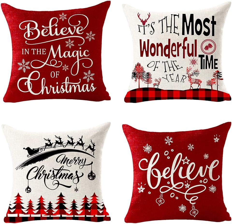 Set of 4 Merry Christmas Believe Reindeer Tree Best Gift Square Pillowcase Decorative Throw Pillow Cover Cushion Case Cotton Linen Material 18" x18'' (Beige&Red)