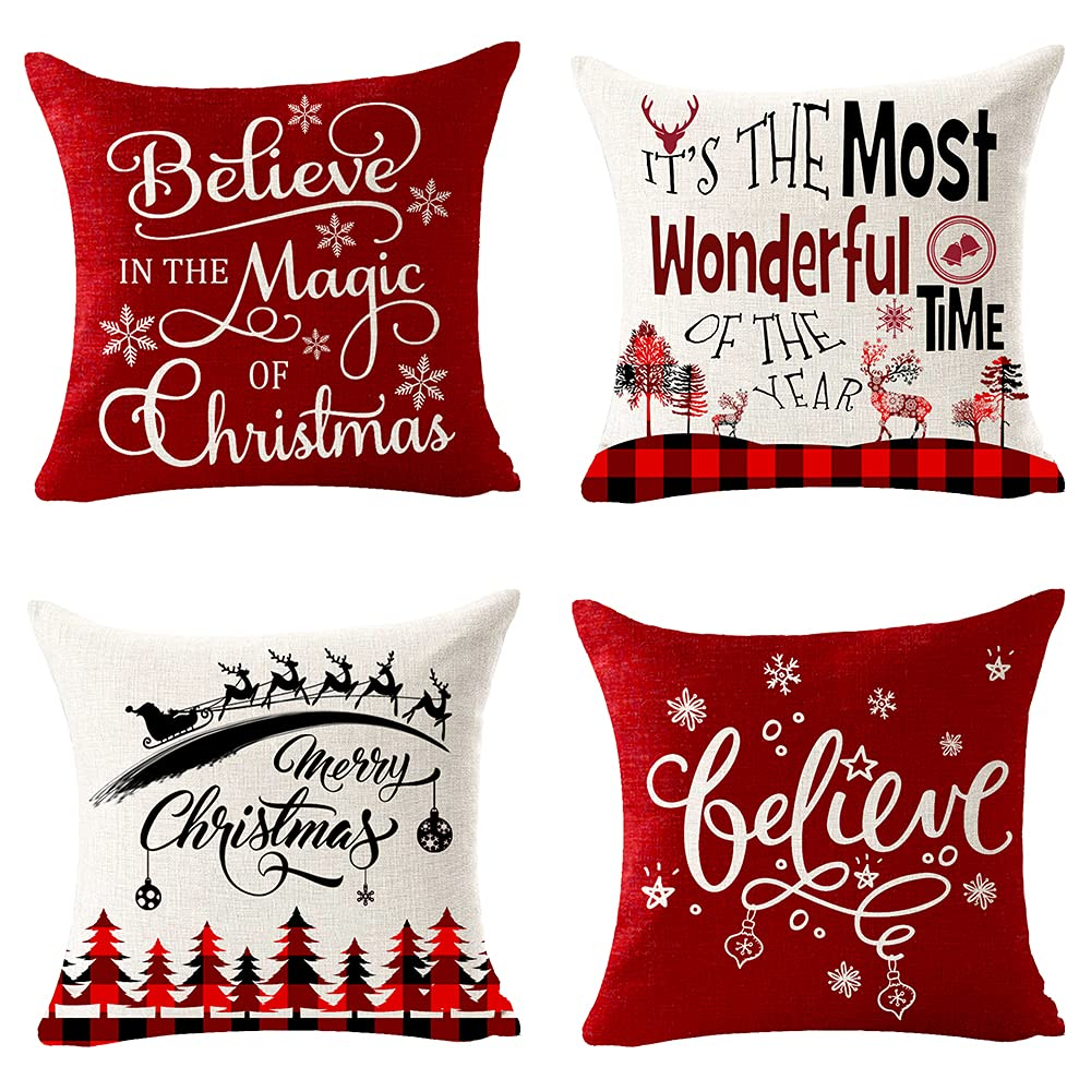 Set of 4 Merry Christmas Believe Reindeer Tree Best Gift Square Pillowcase Decorative Throw Pillow Cover Cushion Case Cotton Linen Material 18" x18'' (Beige&Red)