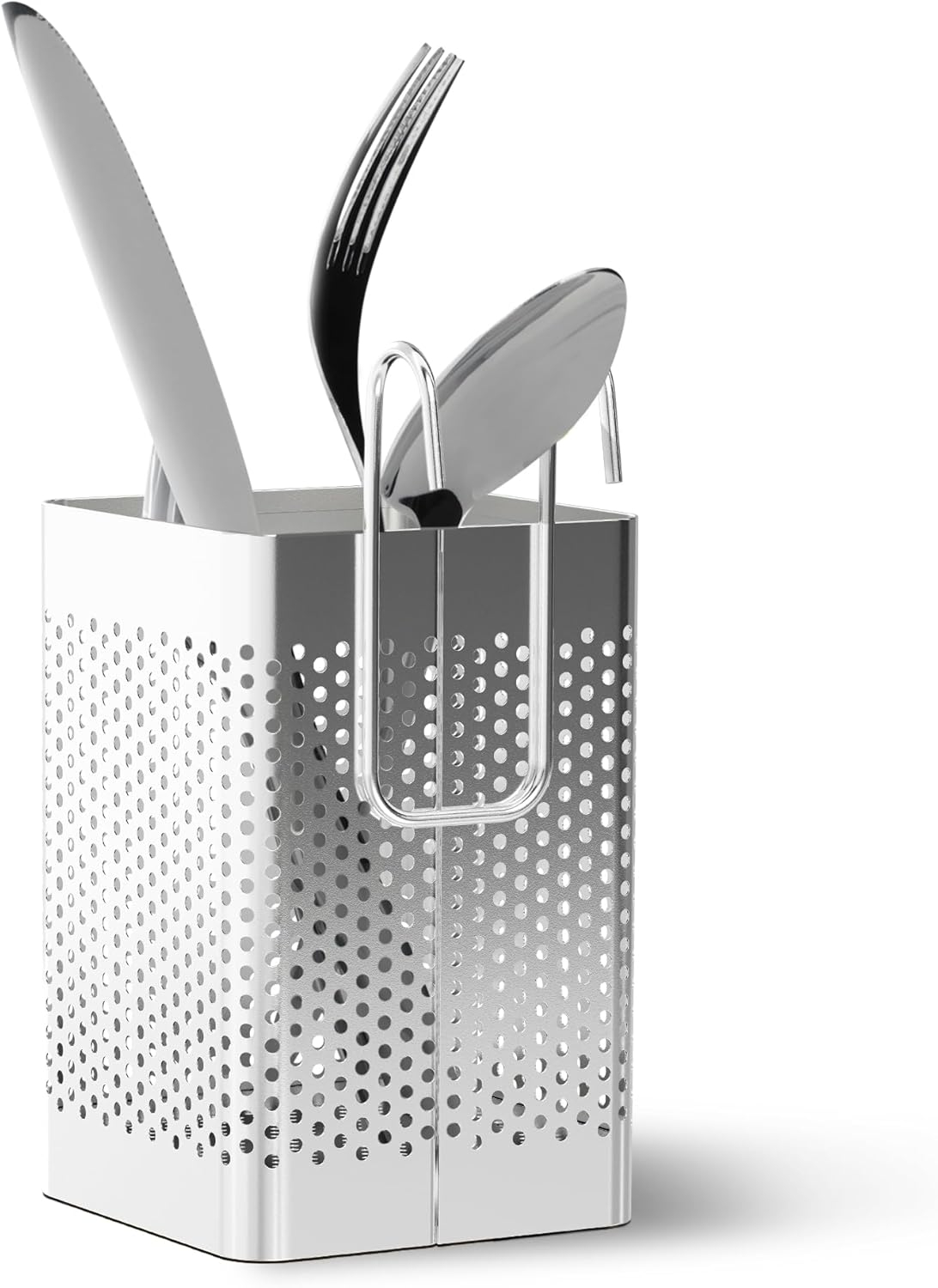Small Kitchen Utensil Chopsticks Perforated Holder with Hooks - Stainless Steel Storage Stand Kitchen Holder for Spoon Knife Fork Case Organizer Dishwasher Safe Small Square Caddy