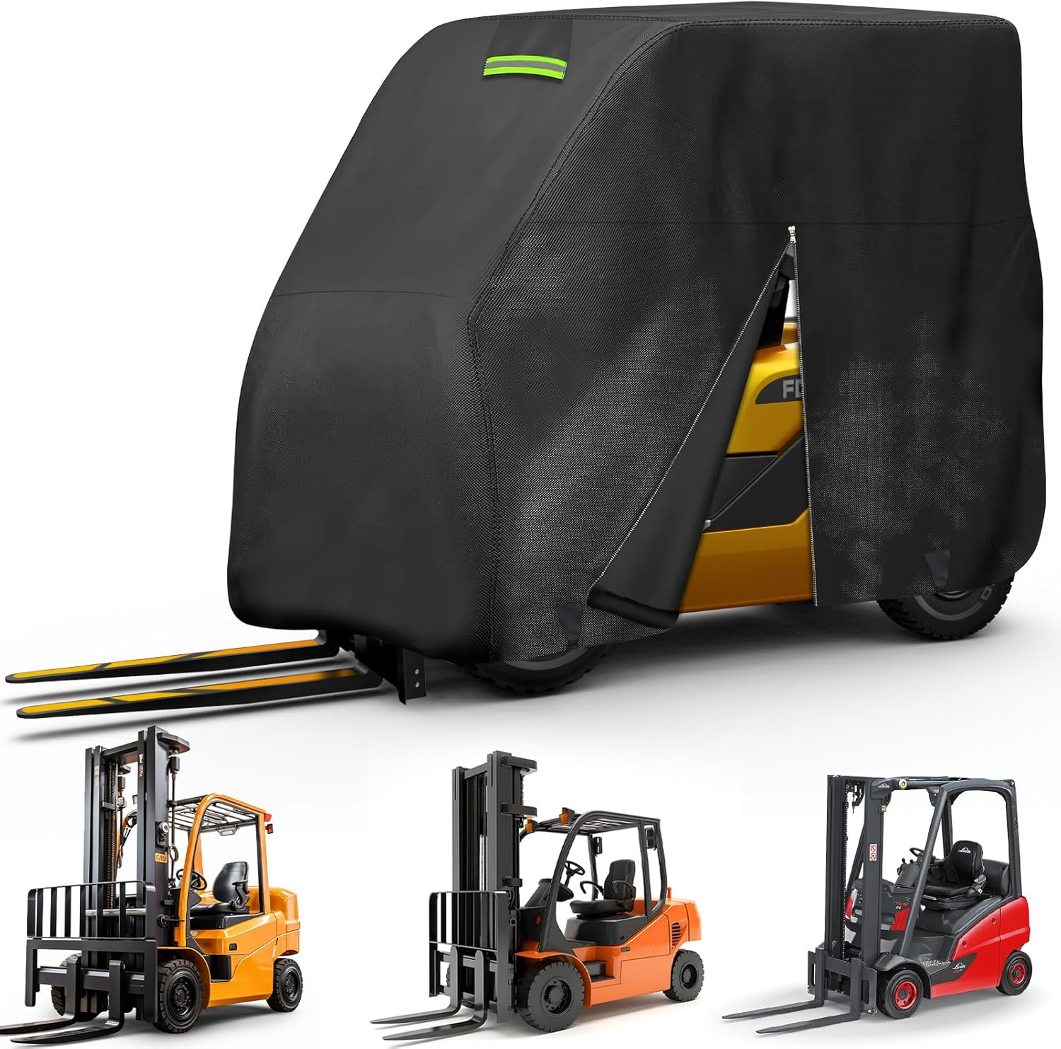 Forklift Protection Cover All Weather, Forklift Cover Waterproof 600D Fits All Forklifts Up to 8000Lb, Sun Rain Snow UV Forklift Cover with Zipper Door Reflective Strips Windproof Buckle Organizer Bag