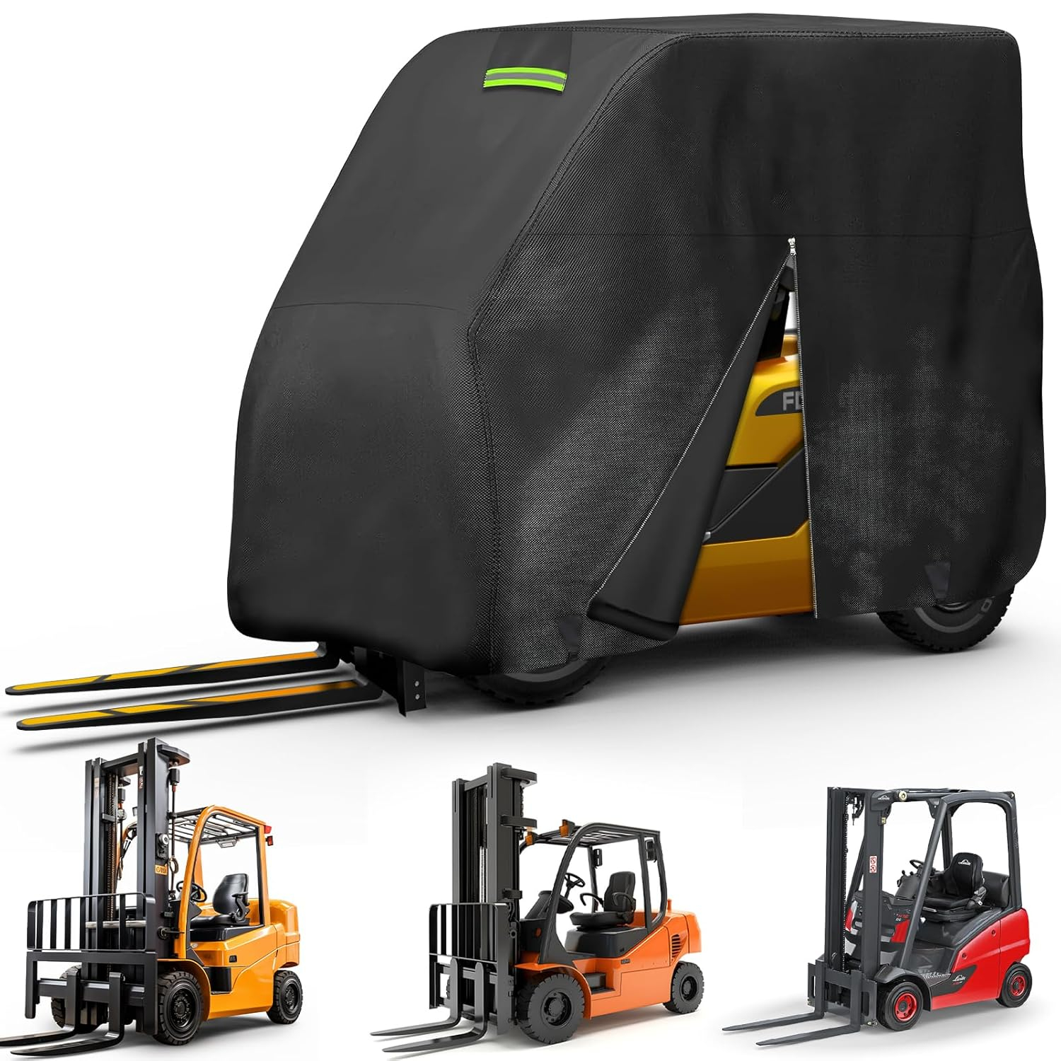 Forklift Protection Cover All Weather, Forklift Cover Waterproof 600D Fits All Forklifts Up to 8000Lb, Sun Rain Snow UV Forklift Cover with Zipper Door Reflective Strips Windproof Buckle Organizer Bag