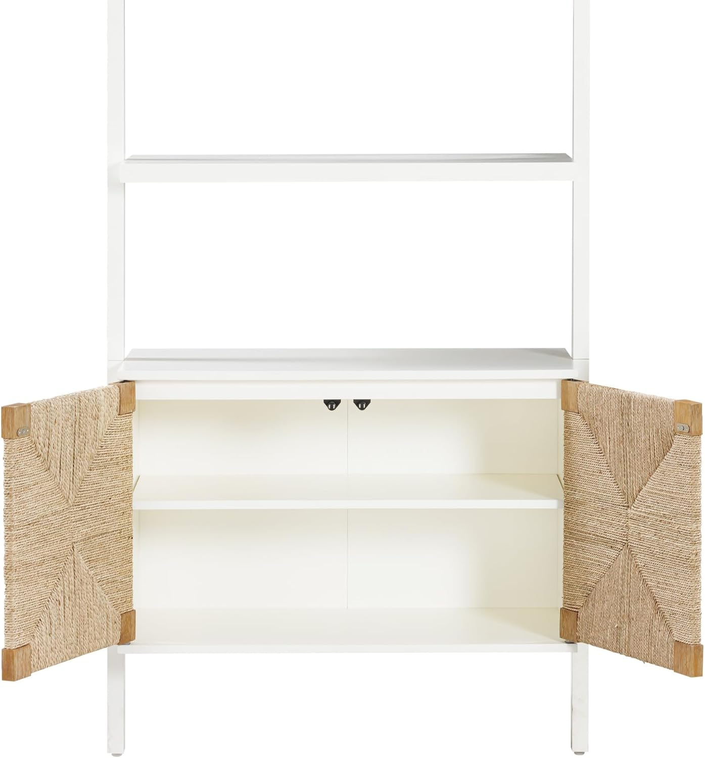 Warm White Solid Wood Bookcase with Adjustable Seagrass Cabinets
