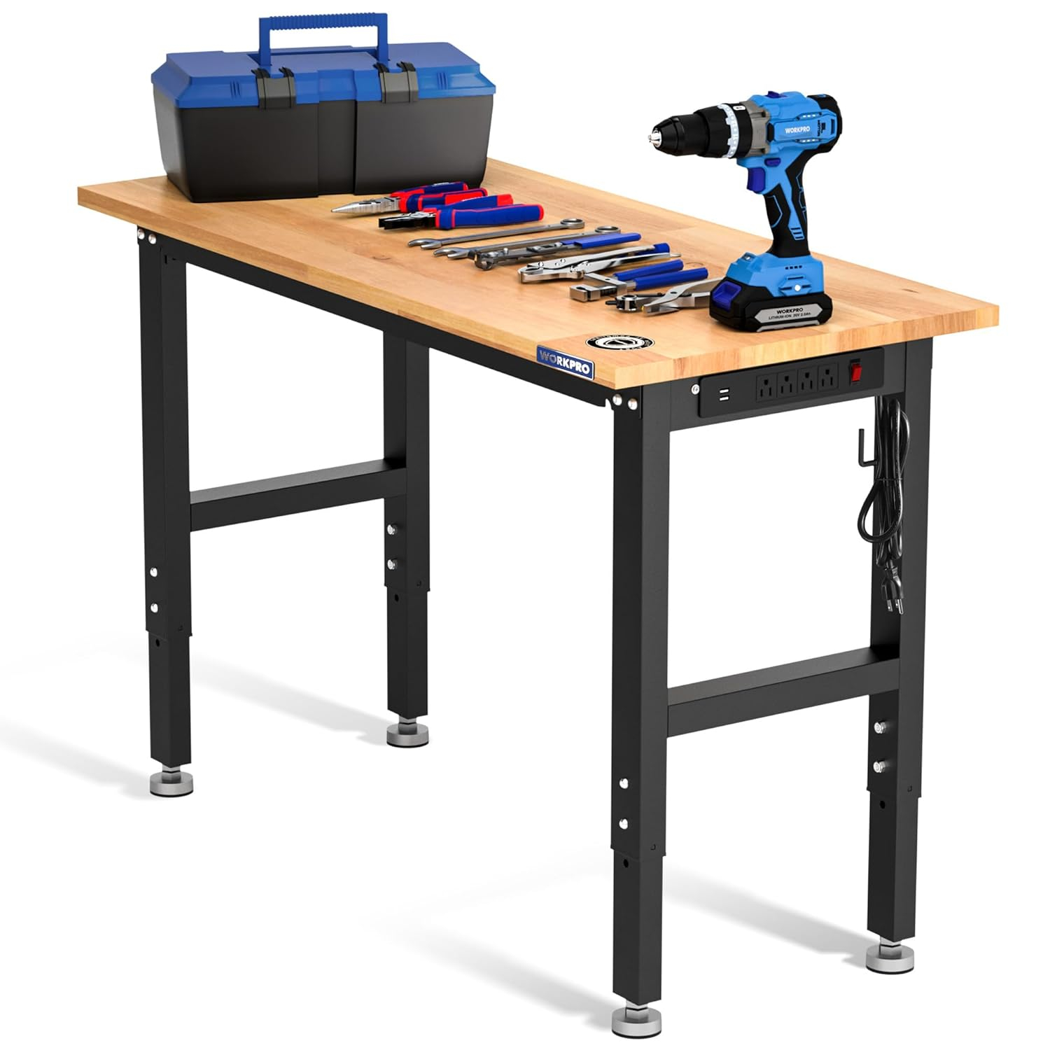 WORKPRO Adjustable Garage Workbench, 48"x22" Rubber Wood Top Heavy-Duty Work Desk with Power Outlets, Leveling Foot, 5 Heights, 1500 LBS Load Capacity Work Benches for Garage, Workshop