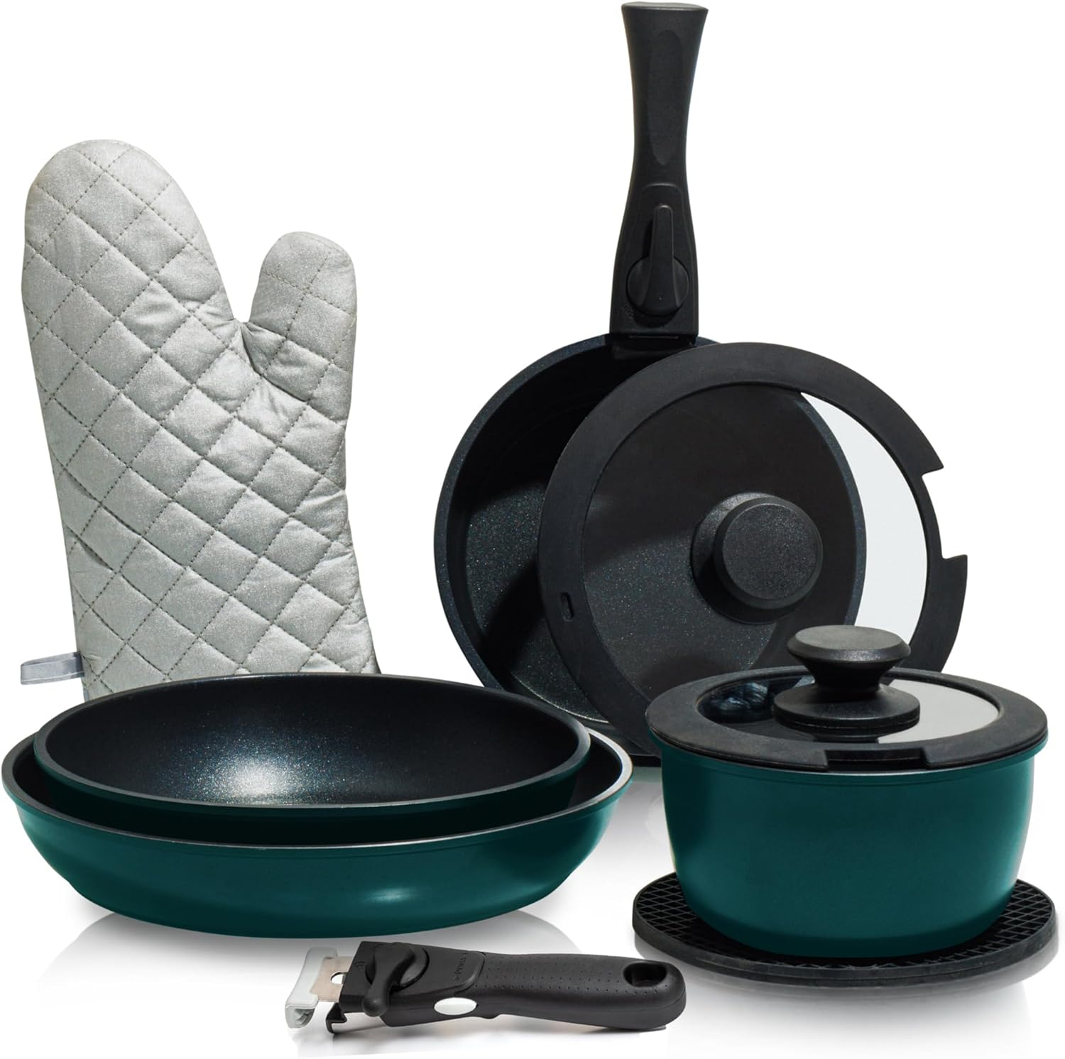 Moss & Stone 10 Pcs Blue Pots And Pans Set Removable Handle, Induction Cookware Set, Stackable Pots And Pans Set Dishwasher Safe, Detachable Handle Pots And Pans, Camping Cookware Set Non Stick