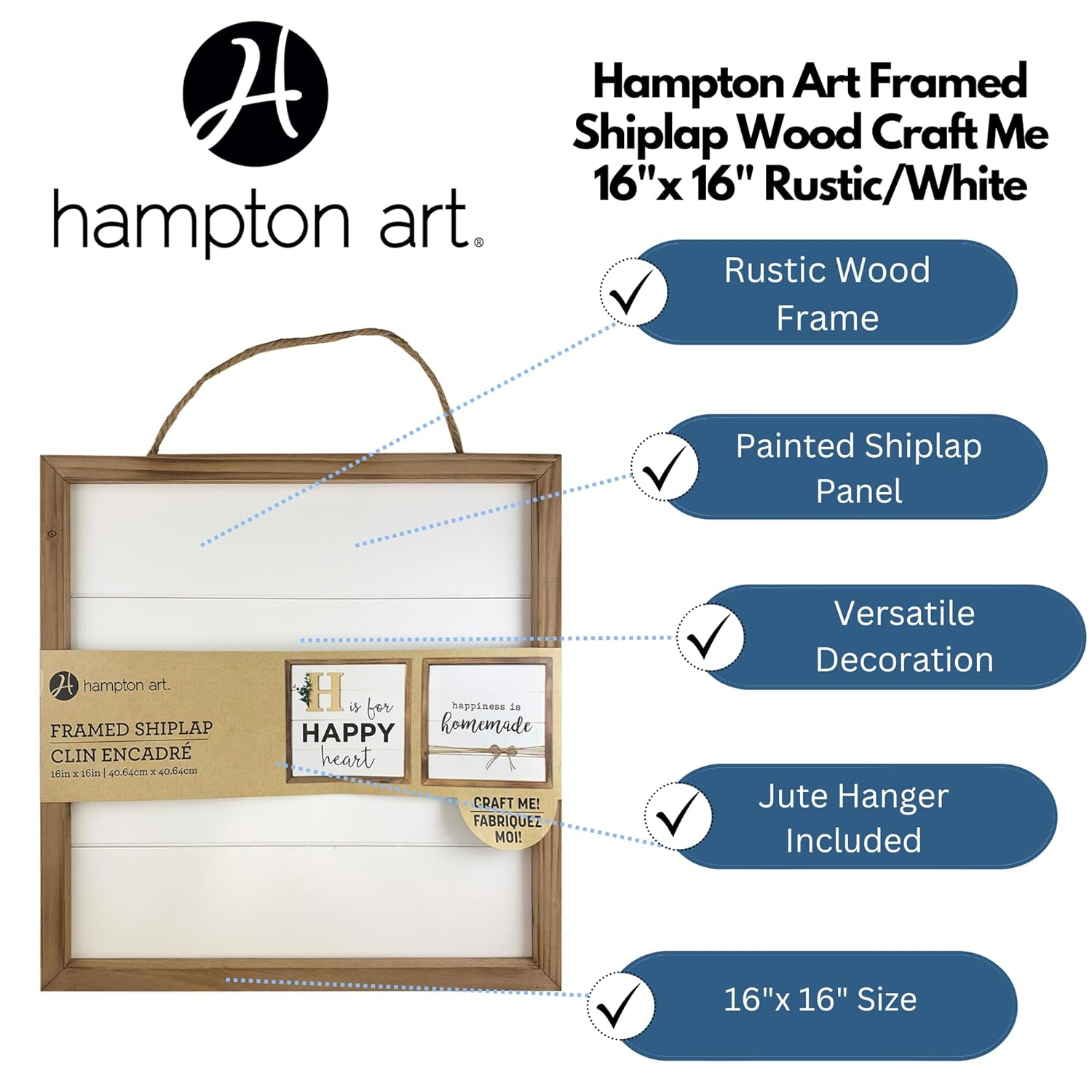 Hampton Art Rustic Frame Shiplap 16" x 16" White, easy to decorate, paint, embellish, stencil, and more, jute rope is attached to the reverse side for hanging