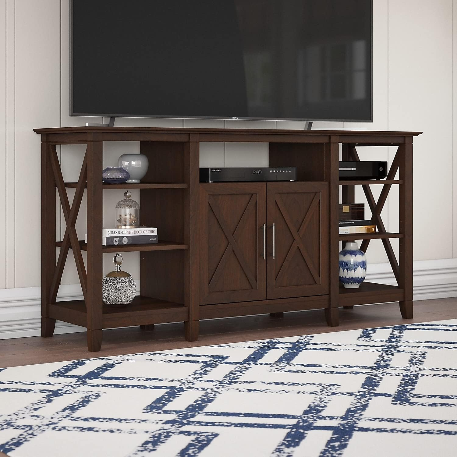 Bush Furniture Key West Tall TV Stand for 65 Inch TV in Bing Cherry, Farmhouse Entertainment Center with Storage